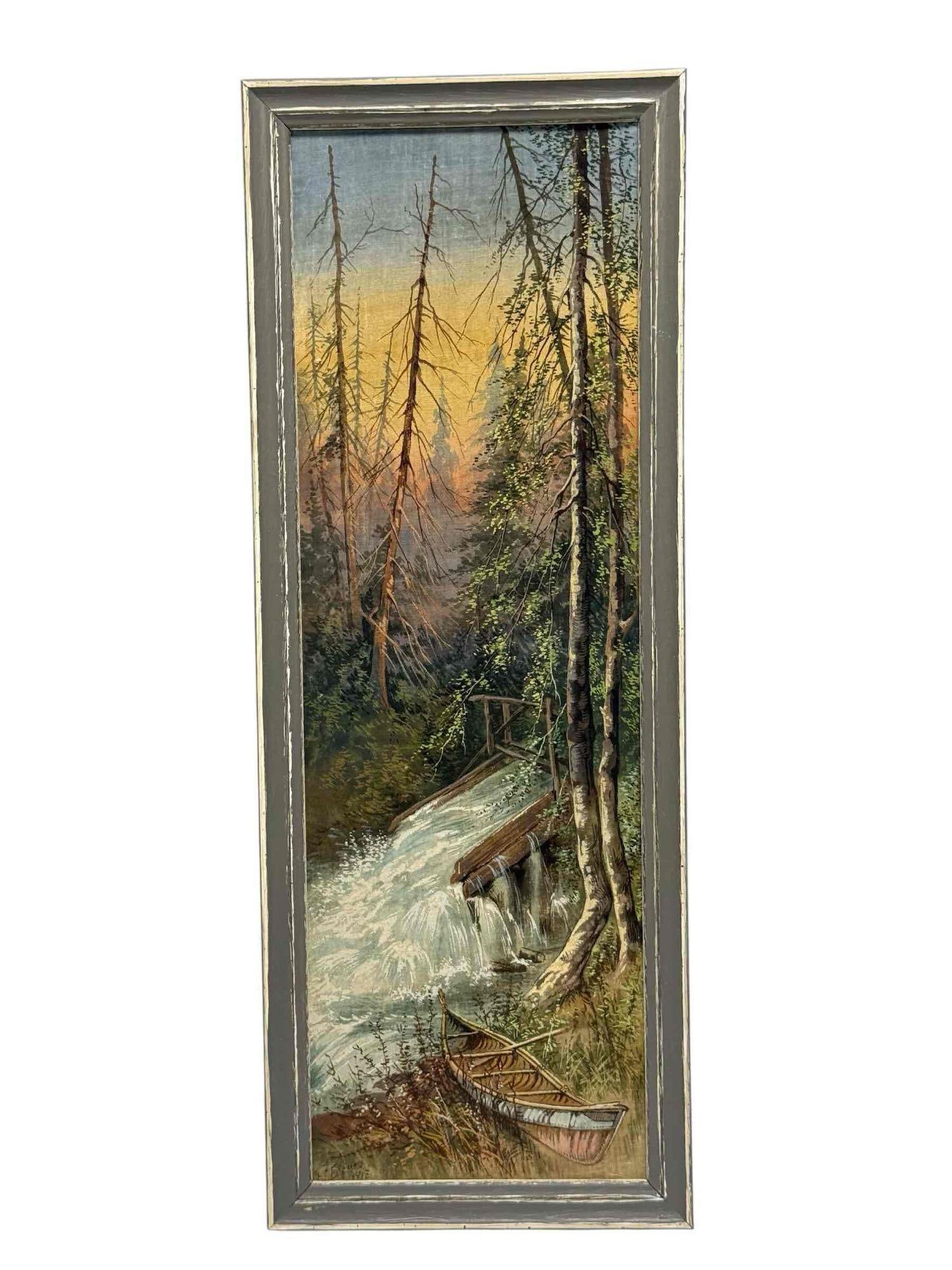 Serene Canoe Resting by Waterfall Landscape Oil on Canvas: Circa 1915 oil on canvas landscape painting depicting a canoe resting beside a river waterfall in the forest. Artist signed and dated 1915 on the bottom left corner. Measuring approx. 20" tall by 7.5"