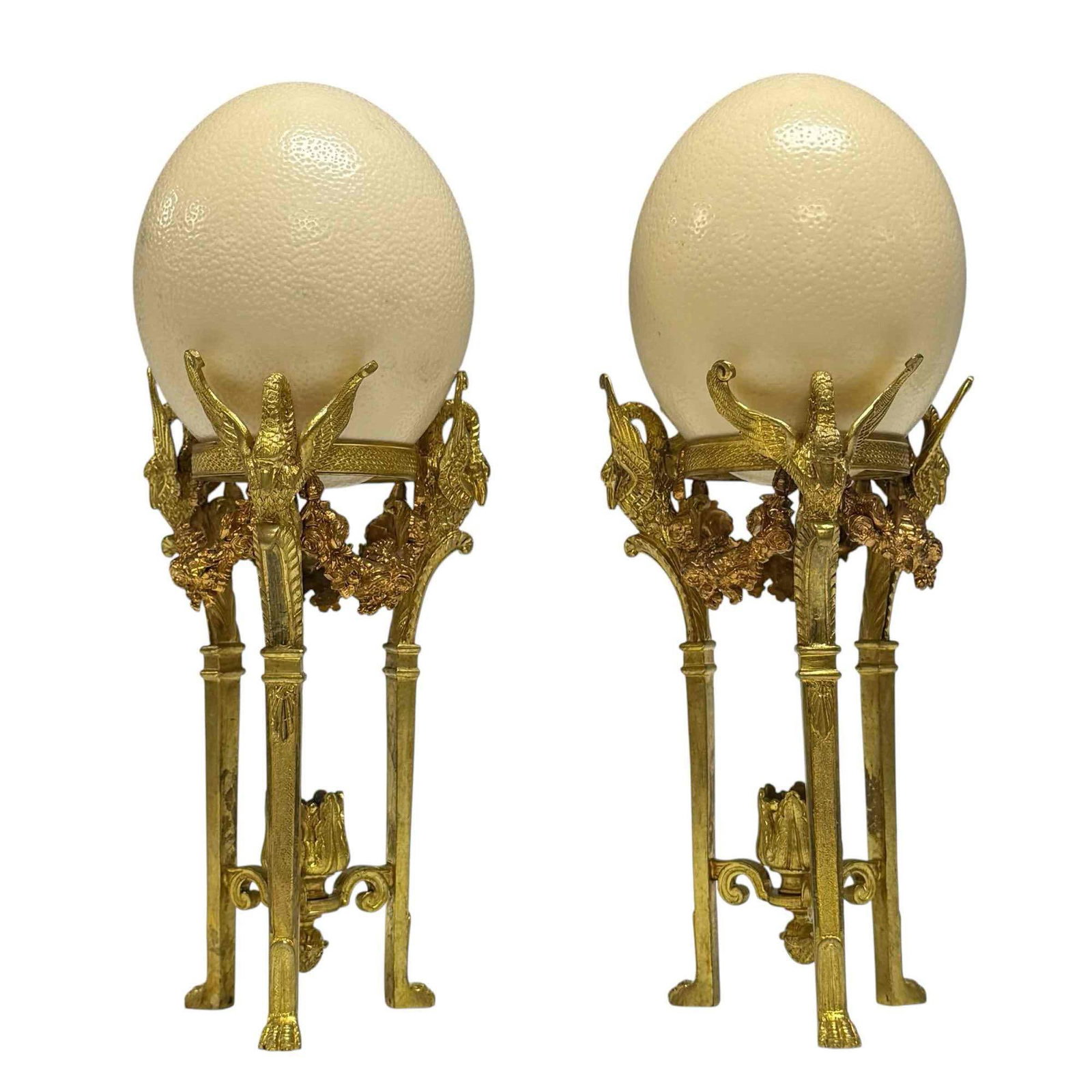 Pair of 19th C. French Empire Gilt Bronze Dore Stands w Ostrich Eggs (1 of 20)