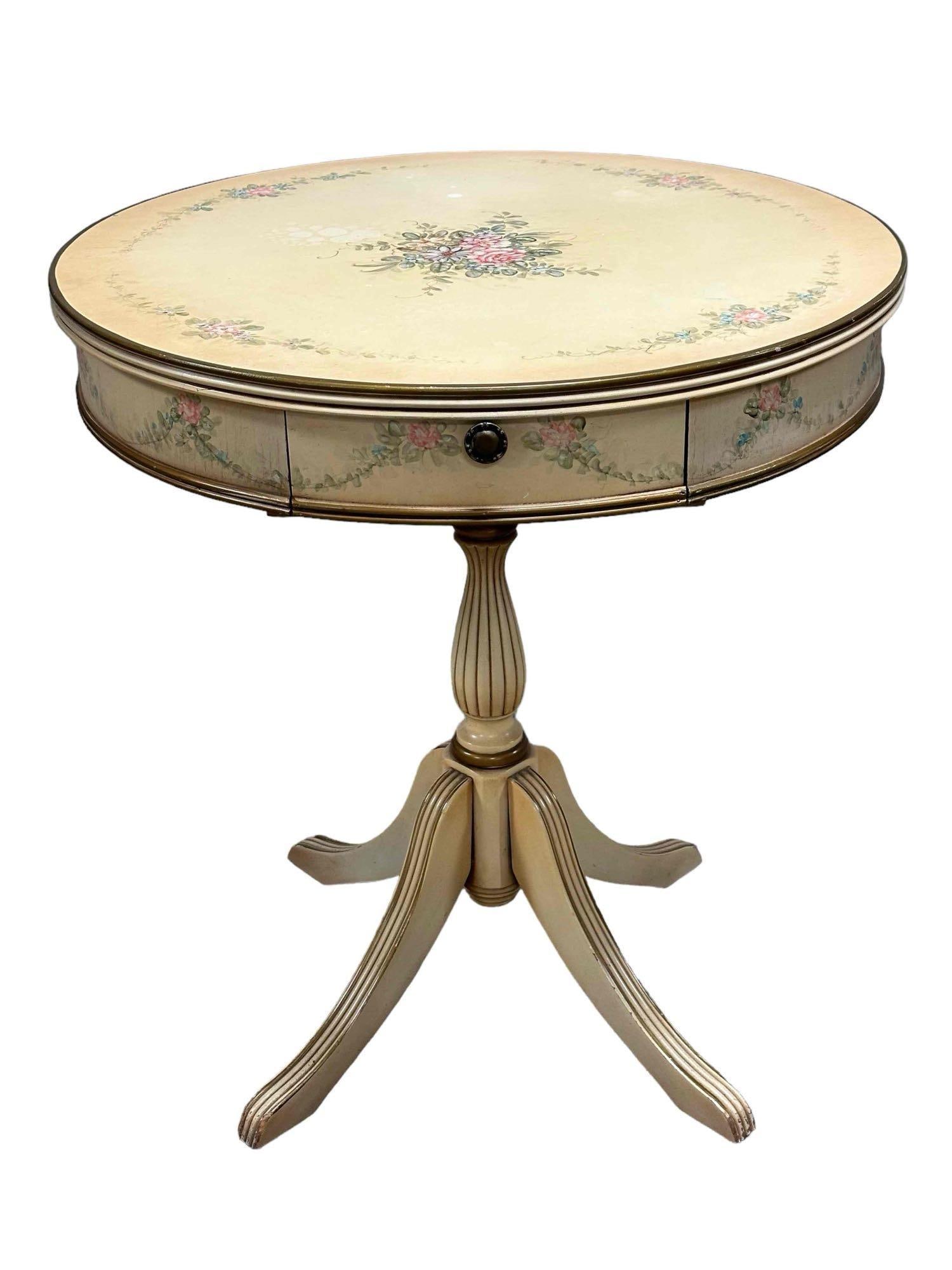mid 20th Century Floral Painted Pedestal Drum Table (1 of 10)