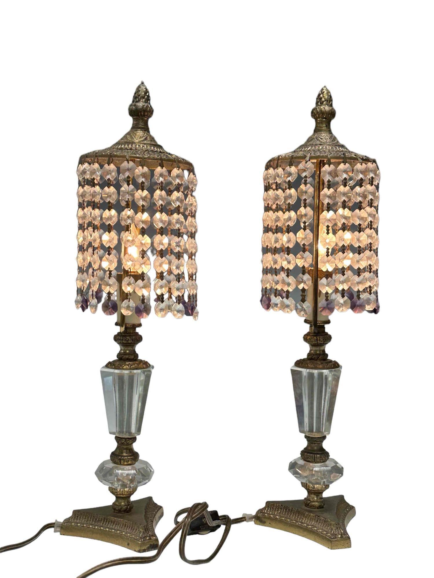 Pair of French Empire Style Beaded Prism Shade Boudoir Lamps (1 of 13)