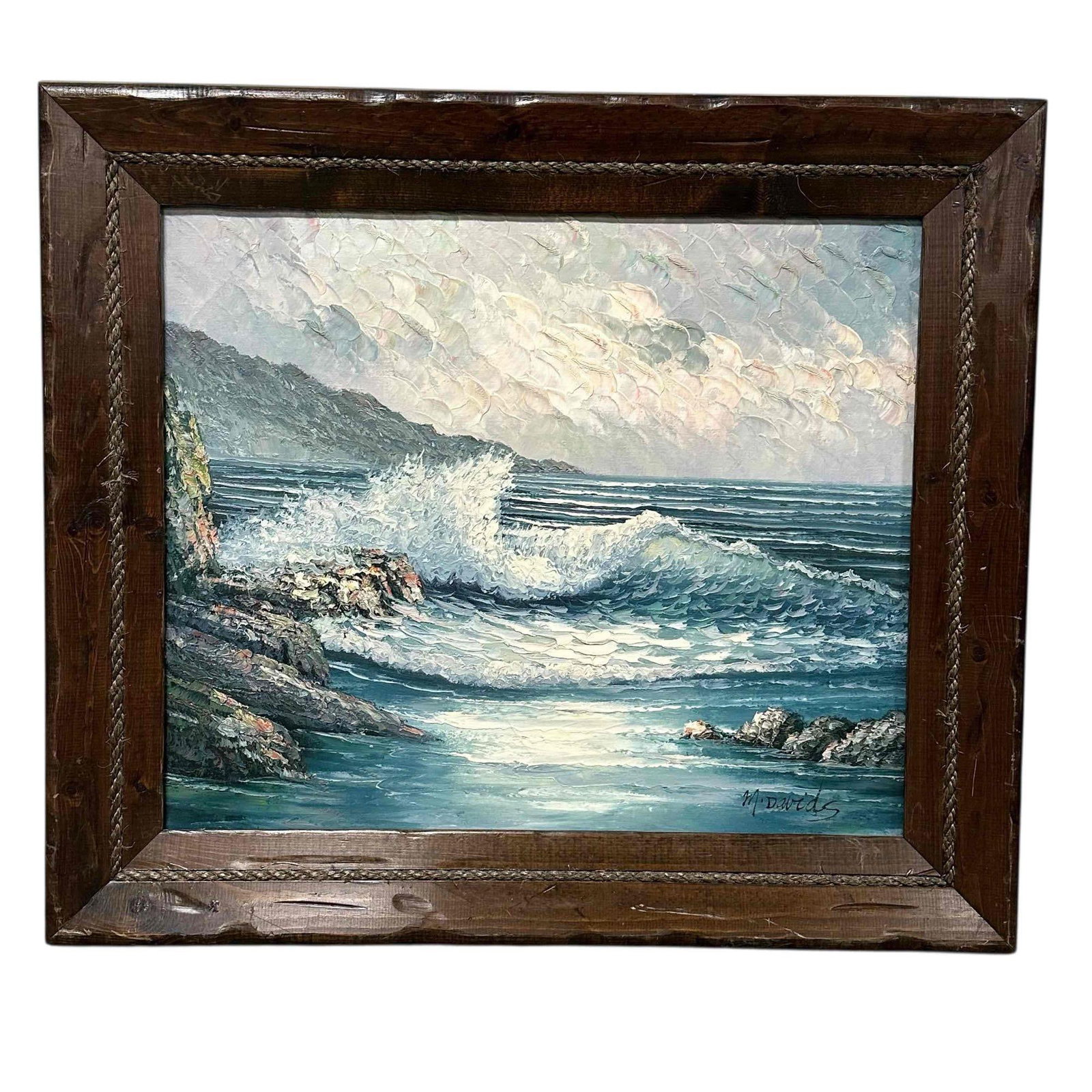 Mid 20th Century M. DAVIDS Seascape Oil on Canvas: A wonderful coastal seascape, American, mid 20th century oil painting on canvas mounted in rustic rope inlay pine frame. Signed in lower left margin as shown. Measuring approx 26" h x 30" q overall in