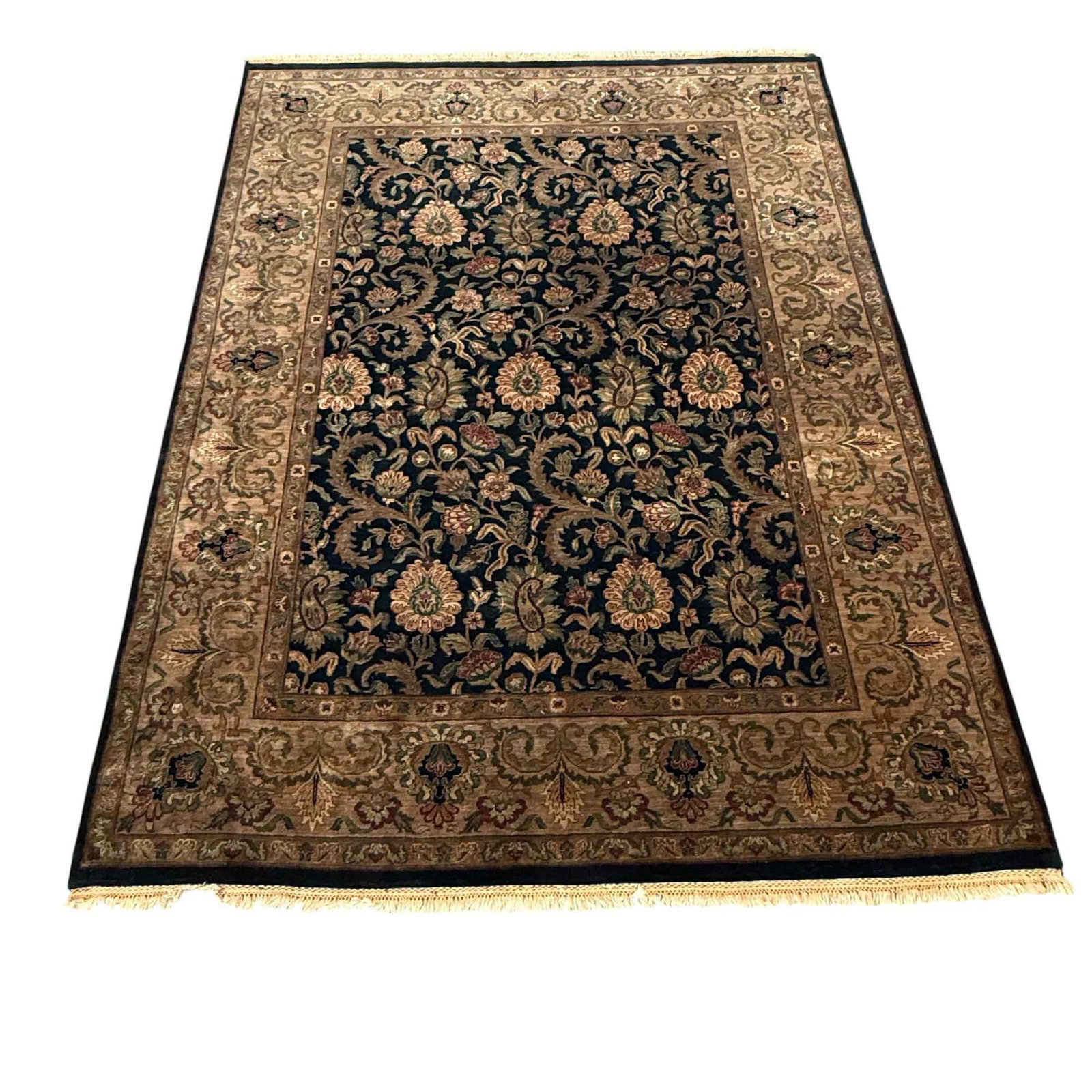 Hand Knotted Black Wool Agra Room Carpet / Rug: A fine and attractive room sized high pile wool carpet. Measuring approx. 12ft x 9ft. Very clean as shown, ready for that interior makeover. See photos