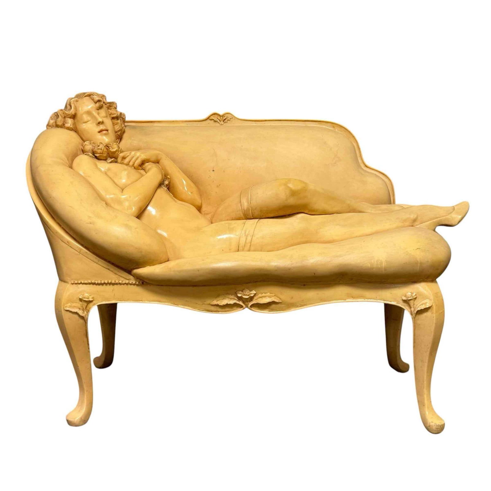 LARGE Scaled Reclining Nude after Emily Kaufman Original Sculpture: Enchanting large scale resin cast rendering of a Nude Female on Fainting couch. Stamped on verso as shown. Measuring approx. 39" h x 54" w x 24" d. Light use and wear, mid 20th century, see photos. Gr