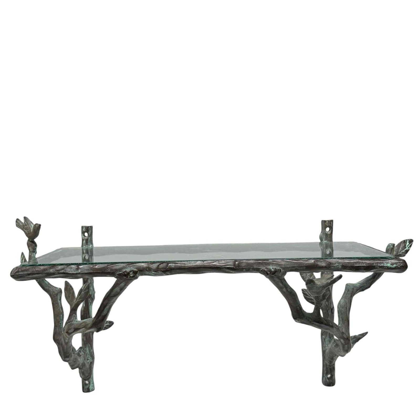 Diego Giacometti Style Bronze Wall Shelf: In The Manner of Diego Giacometti. This Bronze Wall Shelf Has Remarkable Detail. Note: Glass has minor Chipping Measures Approx. 24" Wide 11" Tall 11" Deep See Photos