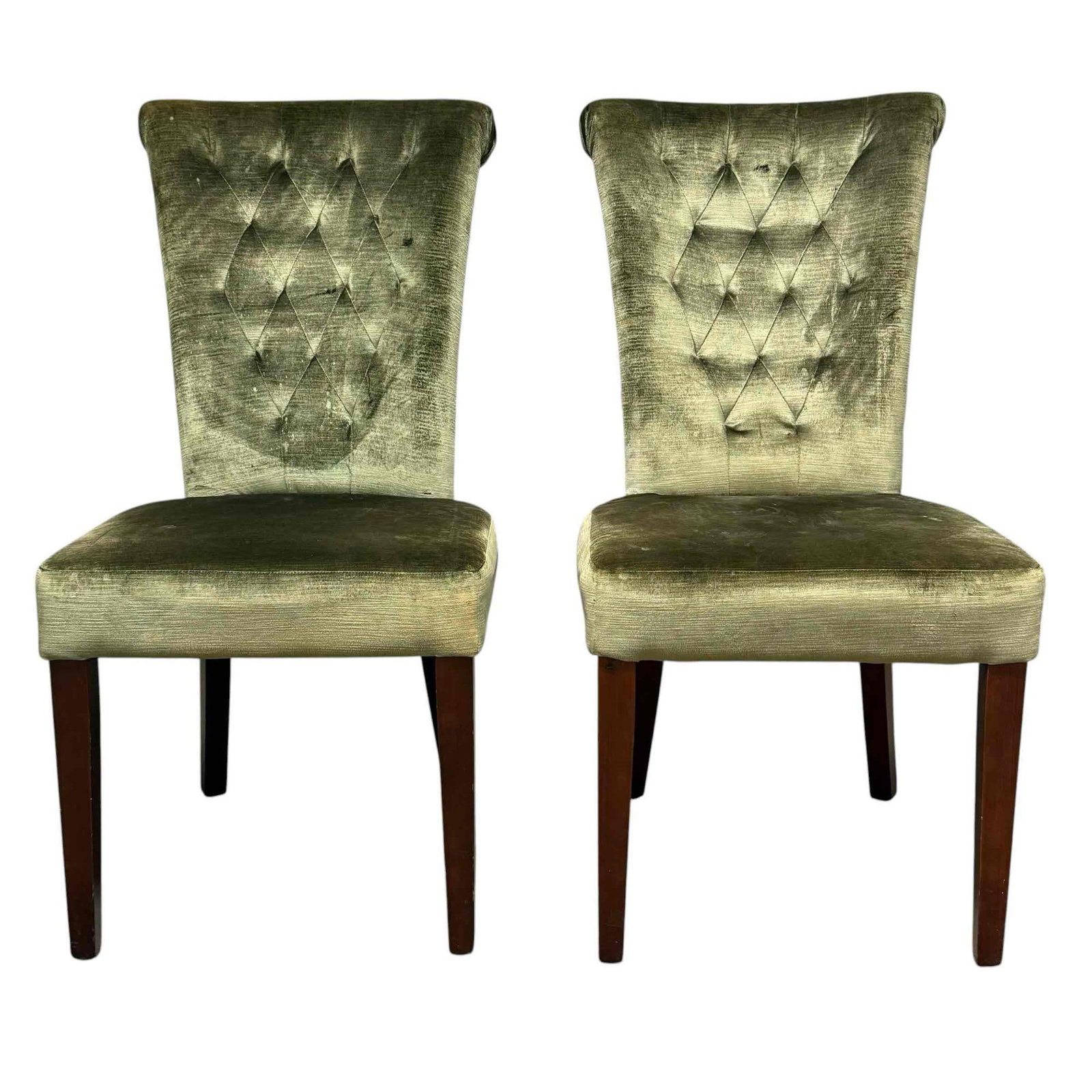 Pair of Green Velvet Diamond Quilted Decorator Chairs: Set of sage green velvet upholstered chair with rolled back crest and diamond quilted backs. Measuring approx. 40" h x 20" w x 21" d and seat height of 19". Good condition, light use and wear, overall