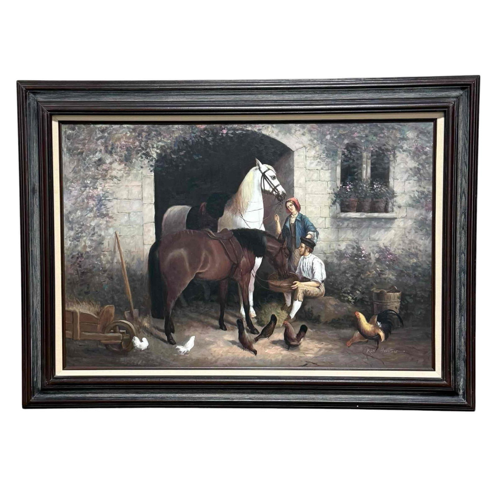 Ken Houston (20th Century) Oil on canvas, Figures Near Barn: A 20th century painting depicting a 19th C. style European farmyard scene with a young couple feeding two horses at the entrance to a stone barn, with chickens, a cart, and wild flowers. Signed in low