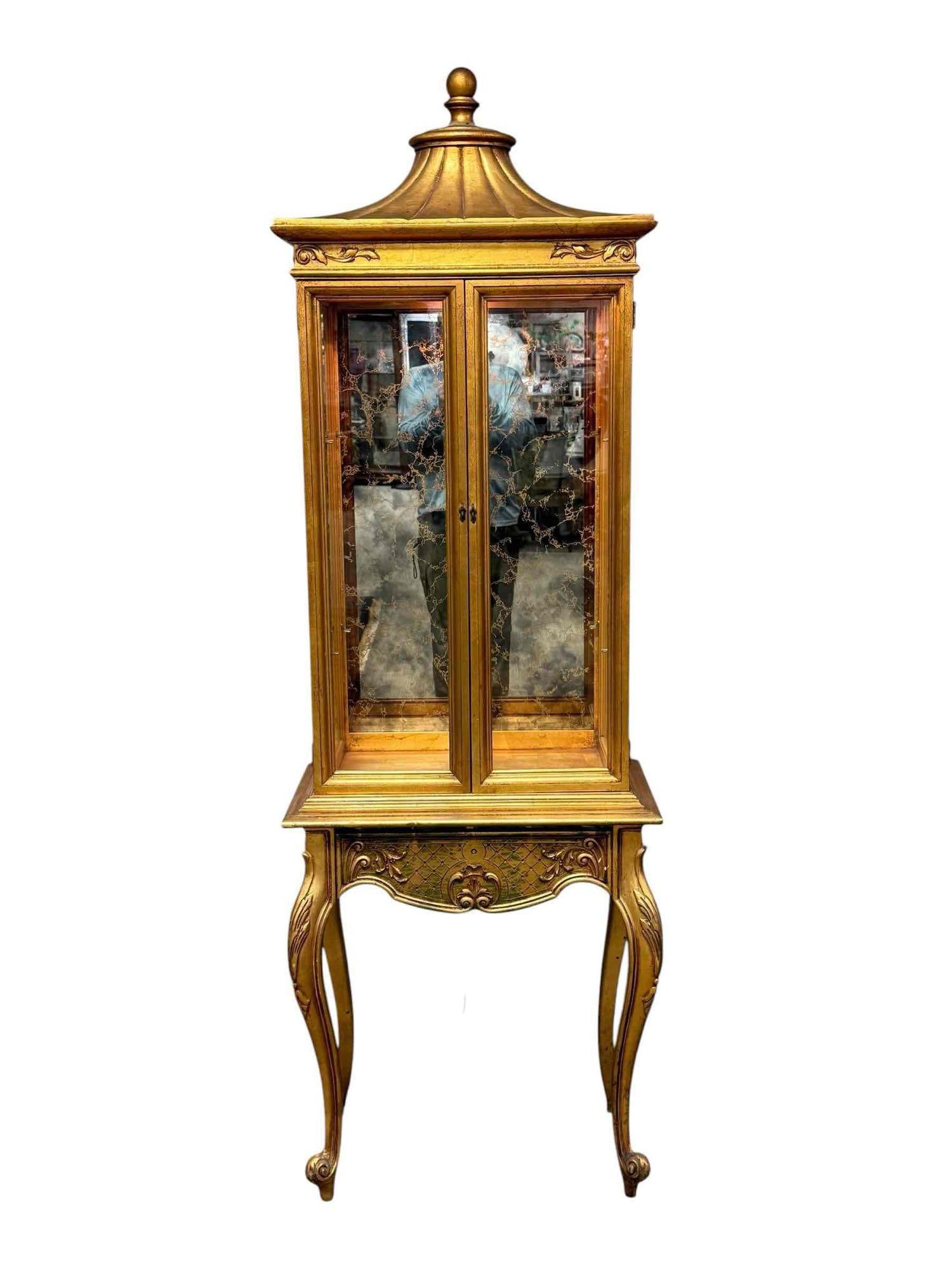 Mid Century Pagoda Sculpted Gold Curio Cabinet (1 of 20)