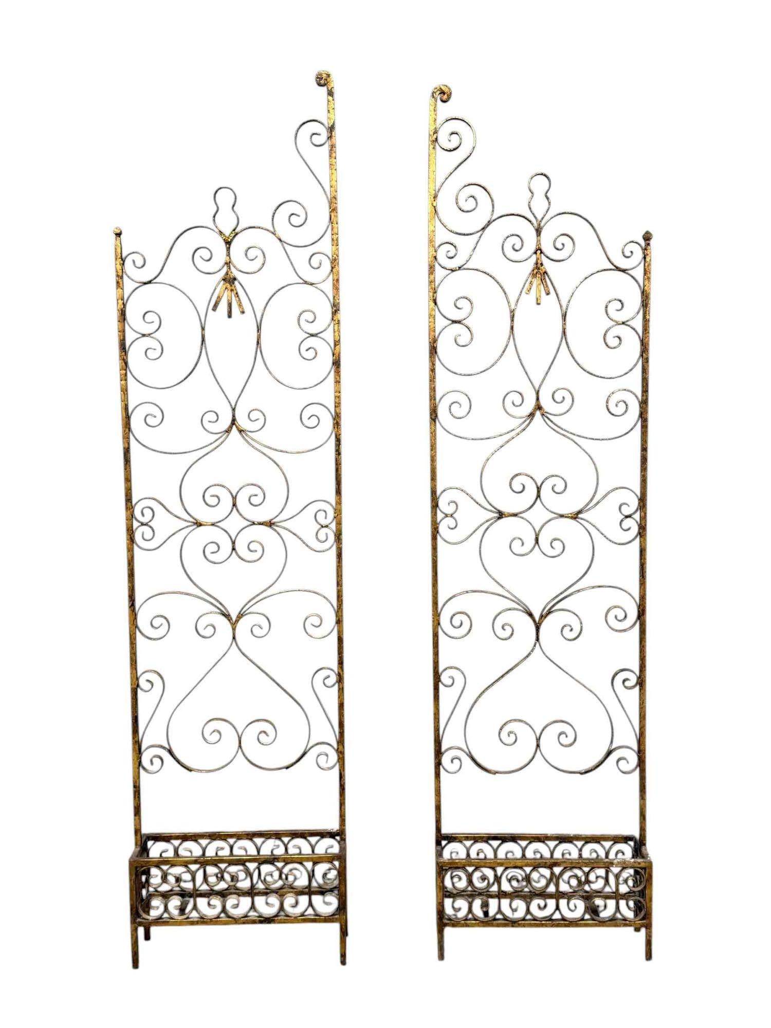 Hollywood Regency Decorative Trellises: Very attractive and decorative Italian metal trellises with square planter bases as shown. Measuring approx. 82" h x 20" w x 6" d. Light us and wear, circa 1940-50's, see photos.