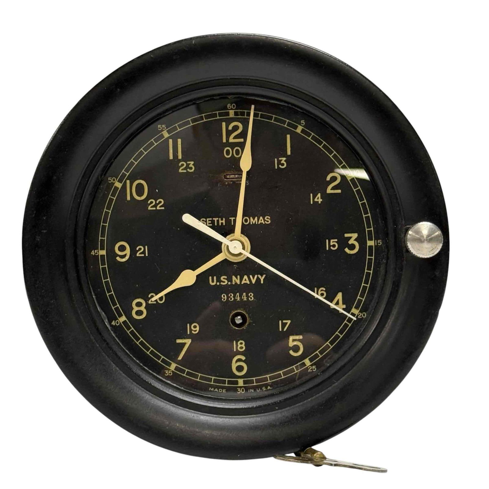 Seth Thomas WW2 U.S. Navy Deck Clock: WW2 Seth Thomas U.S. Navy ships clock. Measuring approx. 7.5" diameter 6" dial. Serial number 93443 clock is in not working condition with key. In good age appropriate condition, see photos.