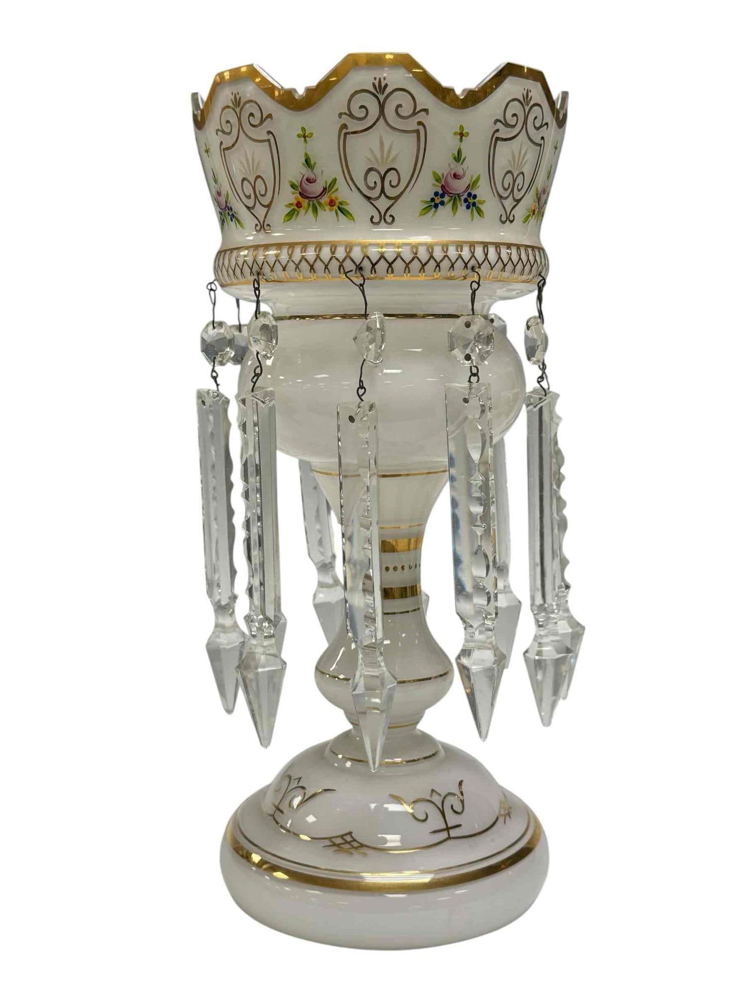 19th Century Bohemian Glass Mantel Luster with Prisms: Victorian era large white Bohemian glass mantel luster hand painted with floral decor and gold gilding. Having large 8" cut crystal two segment prisms. Measuring approx. 14" tall. In good age appropri