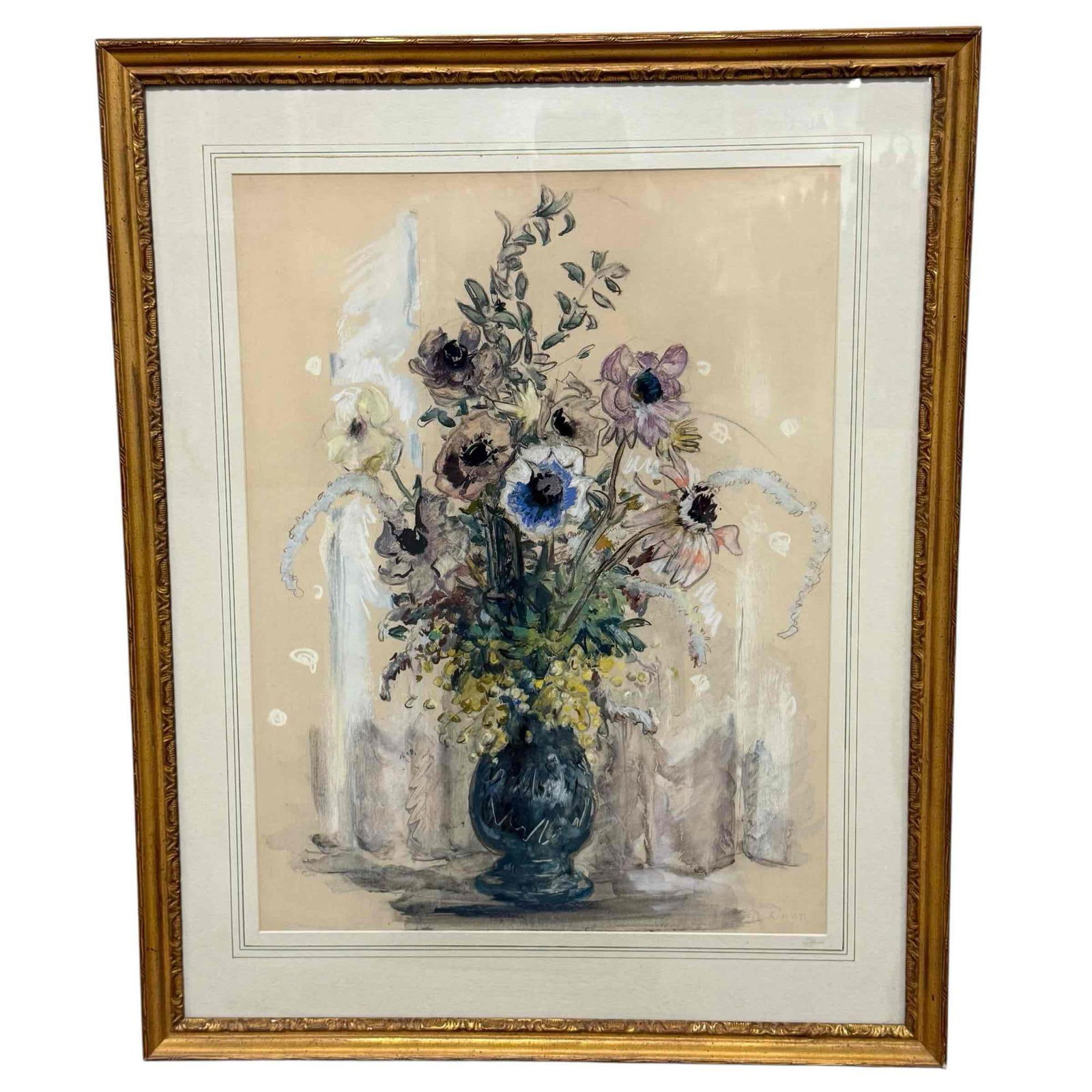 Louise M. Dunn Still Life "Mimosa and Aenemones" Pastel Watercolor: Louise Dunn b. 1875 American pupil of Henry Keller pastel watercolor still life "Mimosa and Aenemones". Second place prize for watercolor Cleveland Museum of Art 1923. Professionally framed and mated 