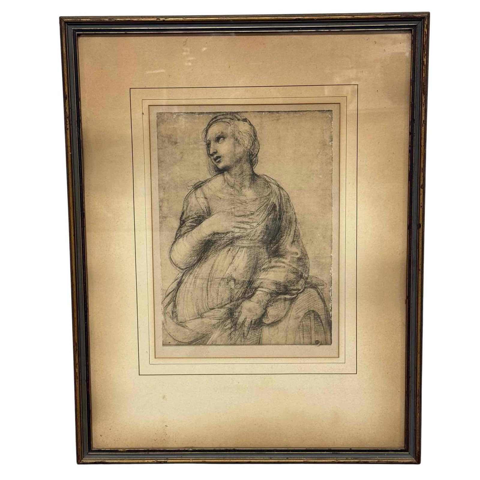Early Rendering of Sainte Catherine d'Aleandrie: Italian Renaissance Raphael rendering. Original currently in the Lourve matted and framed. Measuring approx 27.5" h x 21.5" wide including the matting and frame. See photos for details as shown