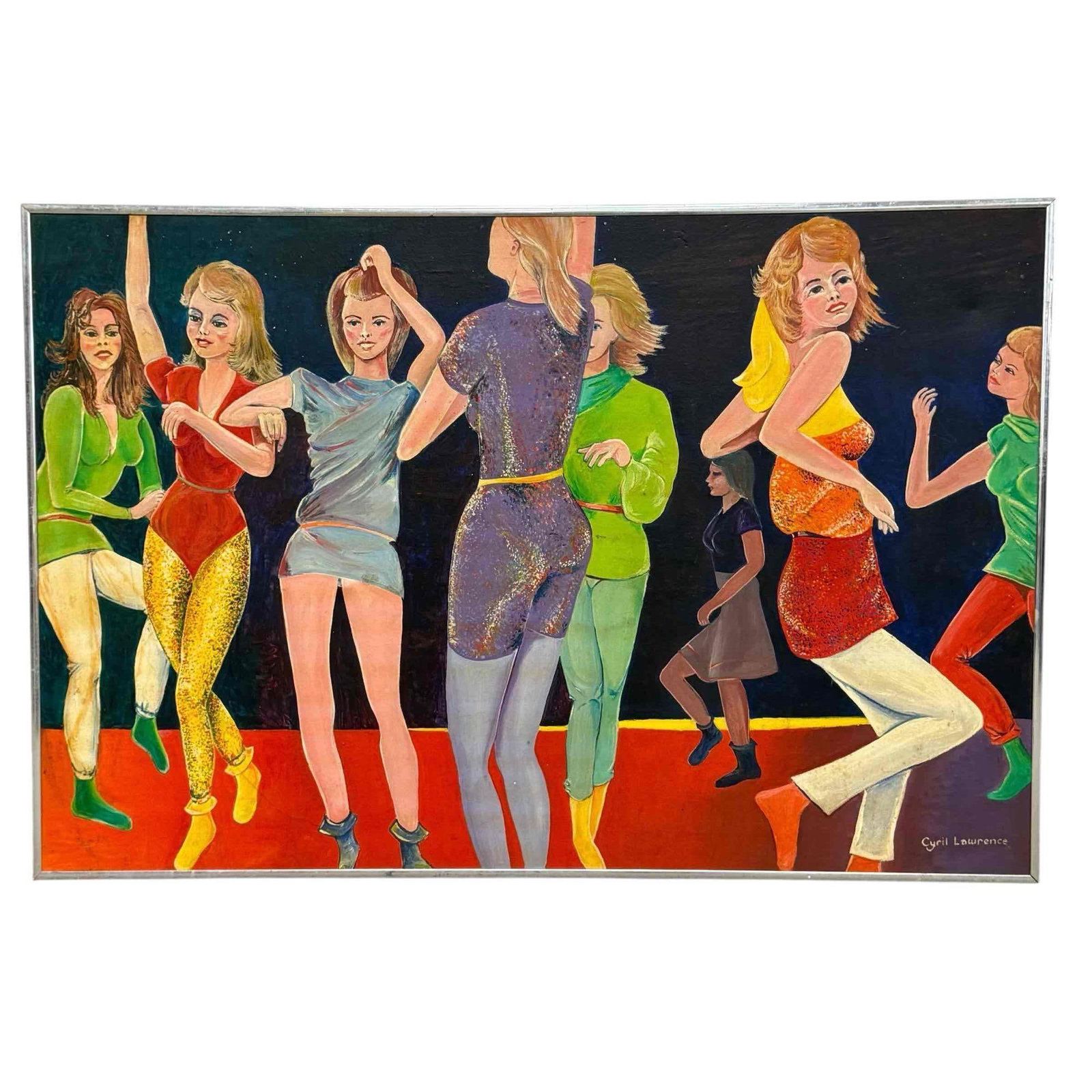 DISCO Mid Century Pop - oil on canvas by Cyril Lawrence: Signed in lower right, and on verso with title card as shown. Measuring approx 24" x 36" overall including shallow metal frame its contained in. See photos, overall good condition as shown