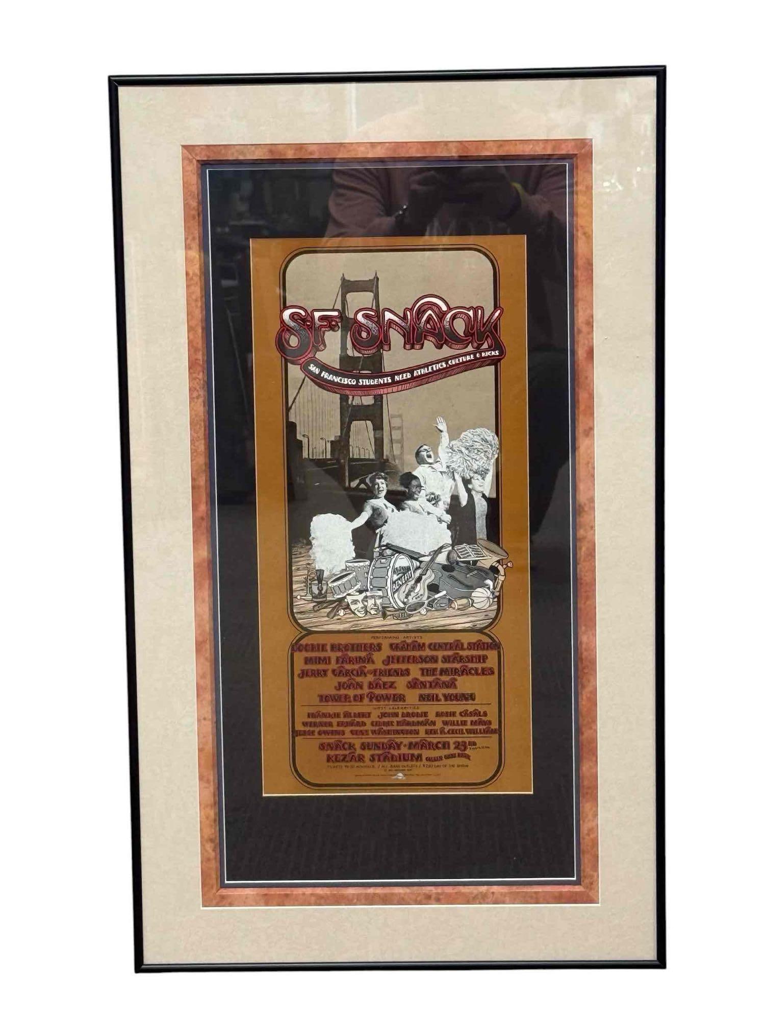 1st Printing of 1975 S.F. SNACK Benefit Concert by Bill Graham: Original 1st printing poster for the March 23rd 1975 S.F. SNACK benefit concert "Students Need Athletics, Culture and Kicks" held at Kezar Stadium in San Francisco designed by artist Randy Tuten. Show