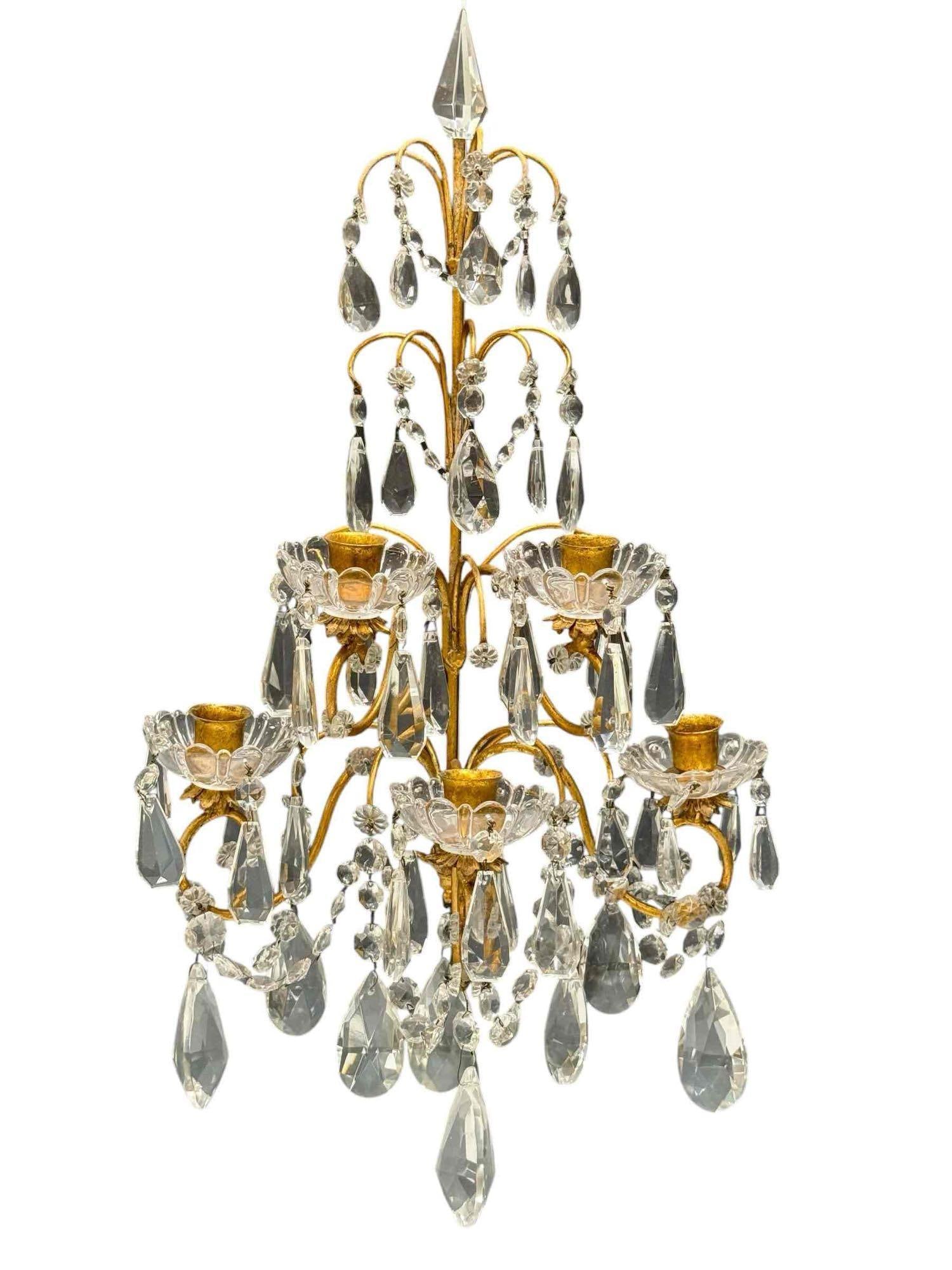 French Gilded Wall Sconce Five Arm Candelabra with Prisms (1 of 17)