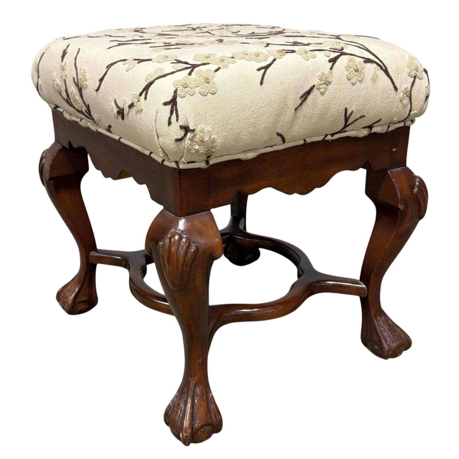 Carved Mahogany Hassock with Crewel Vine Upholstery (1 of 19)