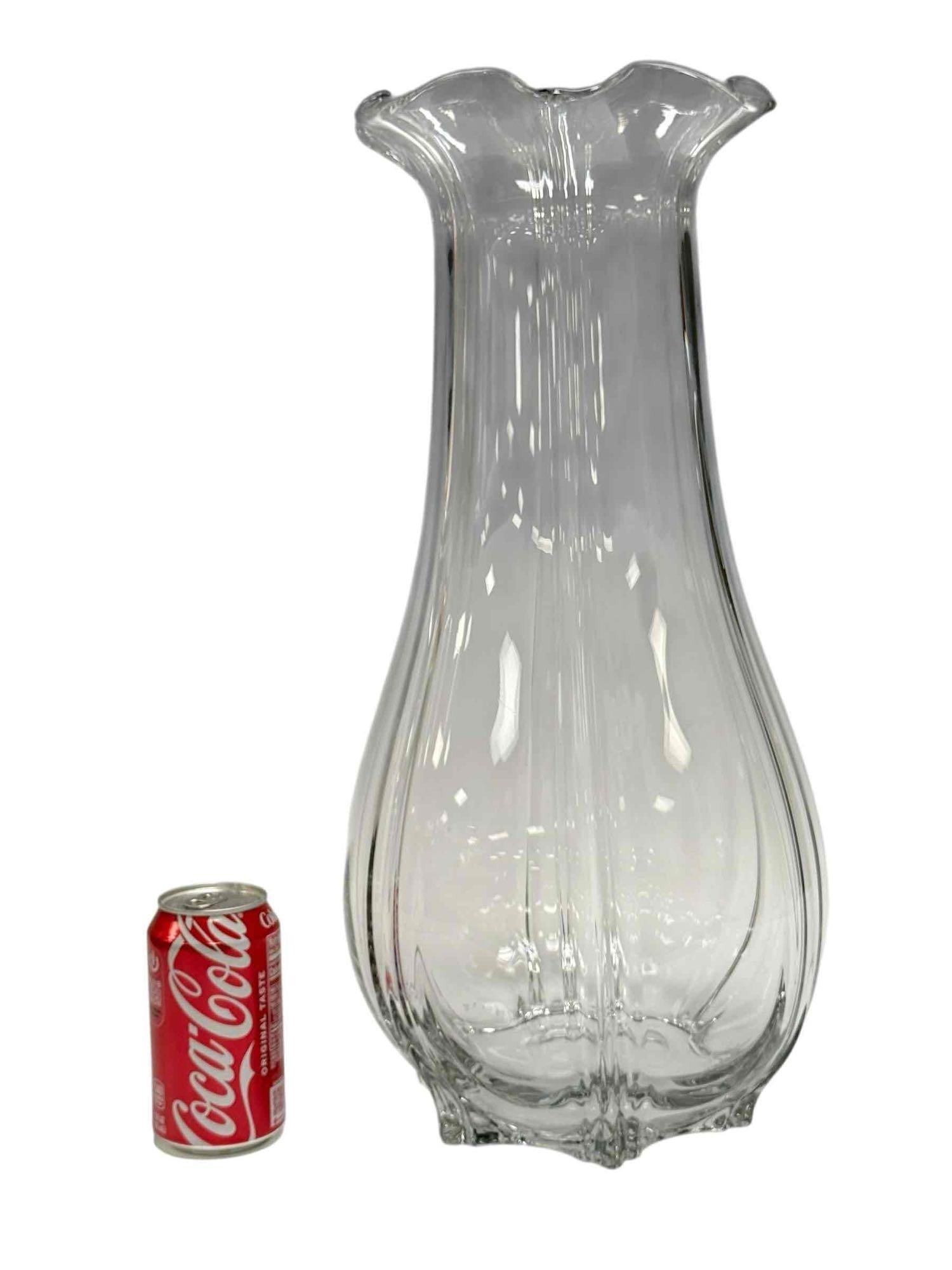 Monumental Flared Top Vertical Fluted Body Vase 20" Tall: Oversized ruffled flared top clear vase with vertical fluted or ribbed body vase. Measuring approx 20" tall and could double as an umbrella stand. No signature found. In good age appropriate condition
