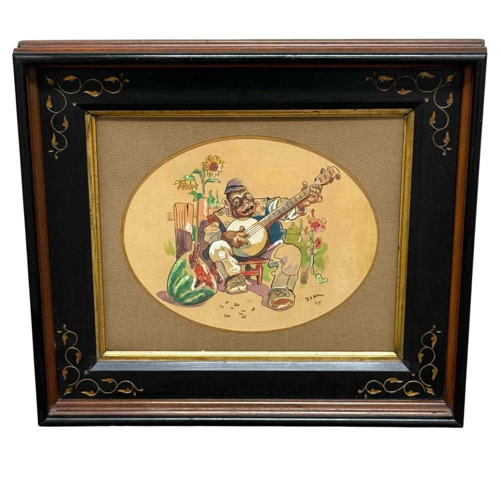 Circa 1909 Black Americana Watercolor Banjo Player Signed ZIM '09 (1 of 14)
