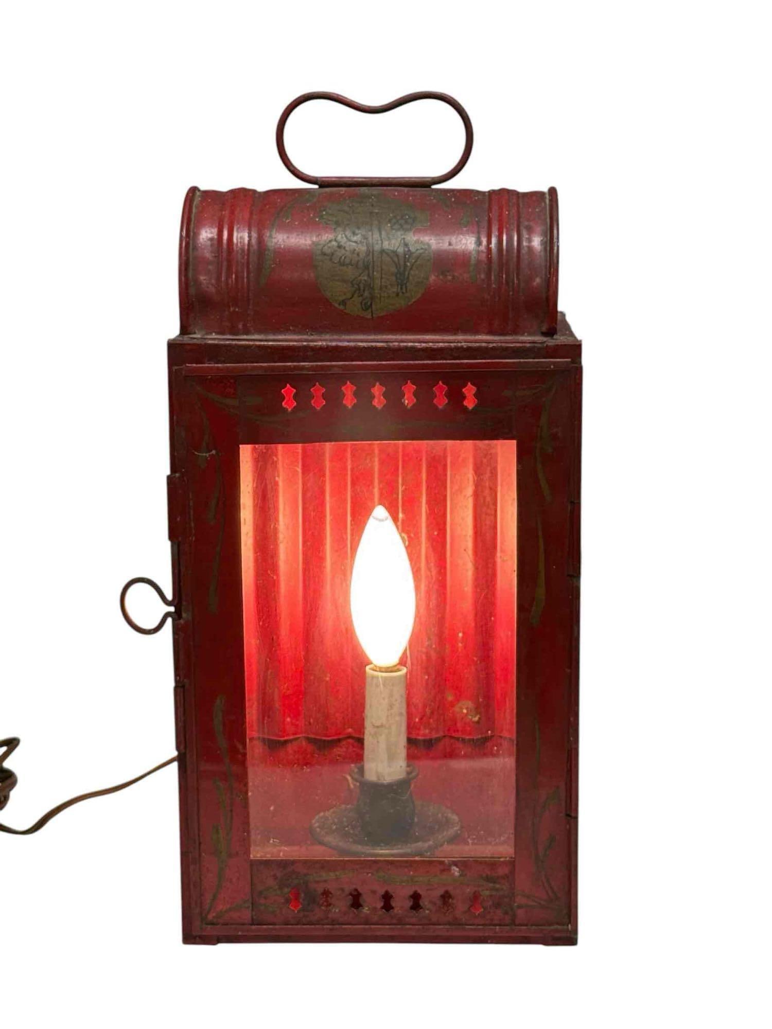 Hand Painted Red Tole Electrified Carriage Lantern with Coat of Arms (1 of 19)