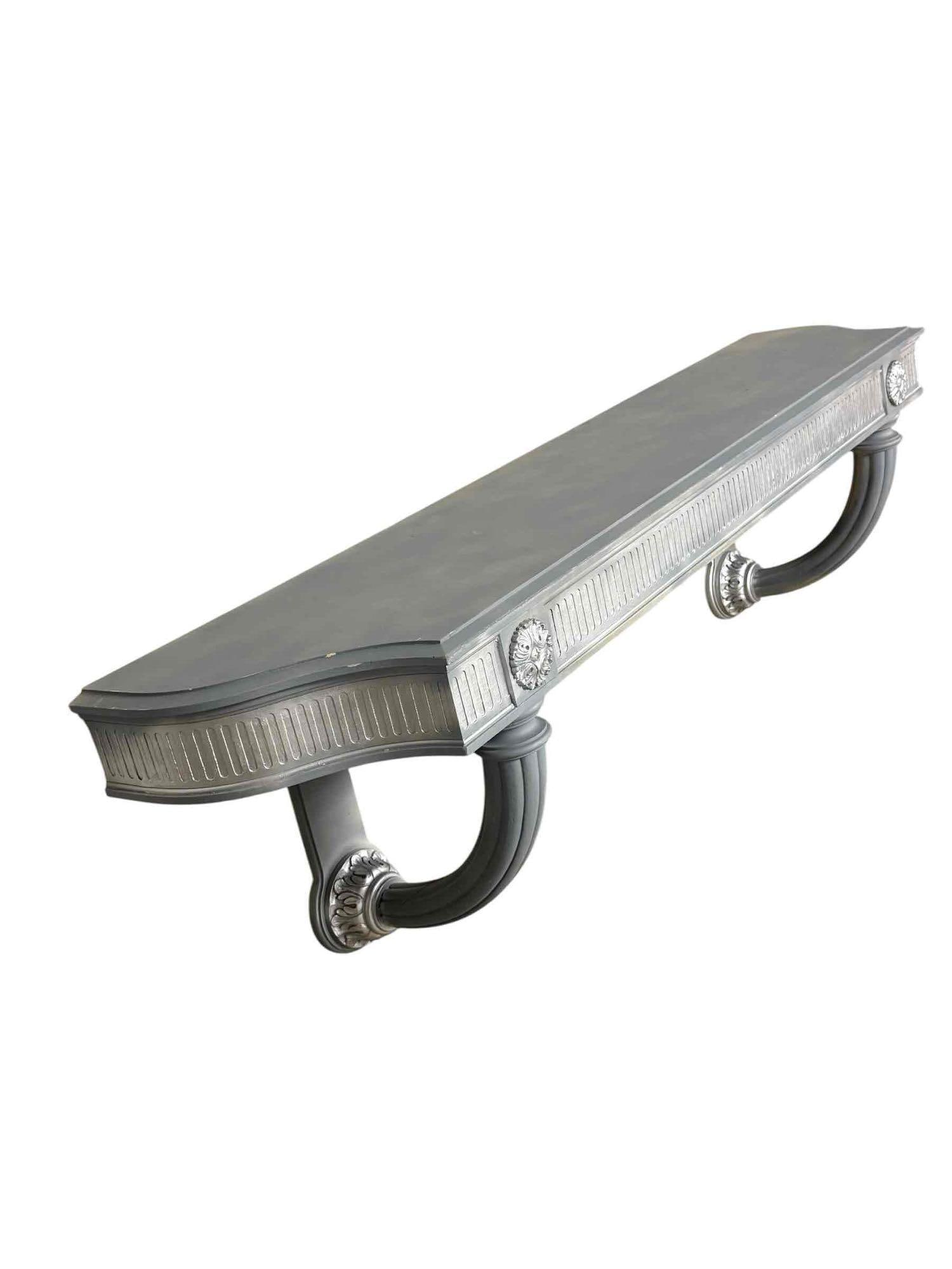 Large Neo-Classical Style Recent Wall Mounted Shelf Display: Great carved wood wall mounted display shelf. Paint it to your color of choice or design. Measuring approx 72" l x 16" d x 21" h. See photos.
