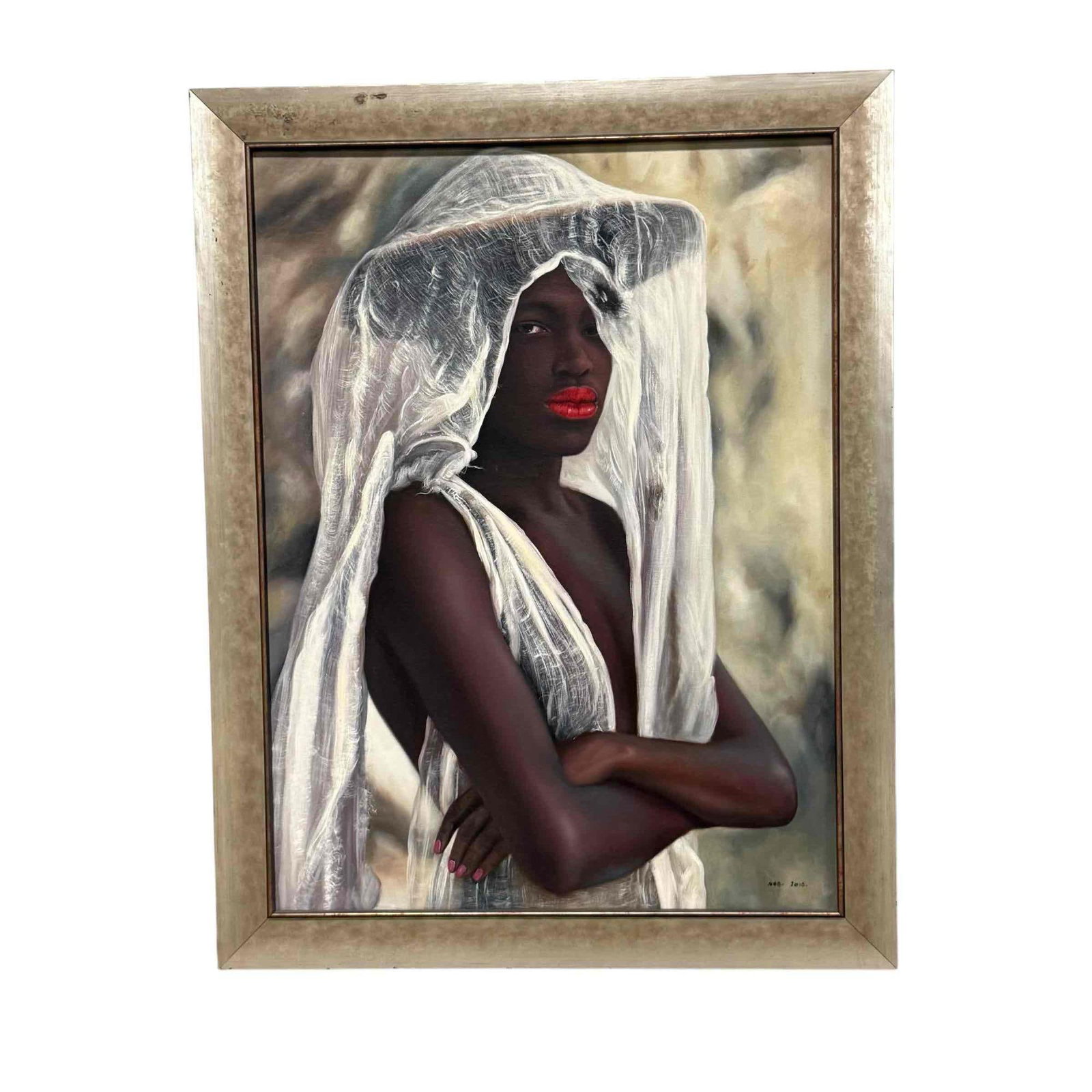 African Woman Draped in White Robe with Red Lips Giclee Painting: Giclee painting of young African woman draped in white silk robe with bold red lips and pink nail polish. Framed in a brushed aluminum style frame. Measuring approx. 35.75" tall by 28.75" wide. In