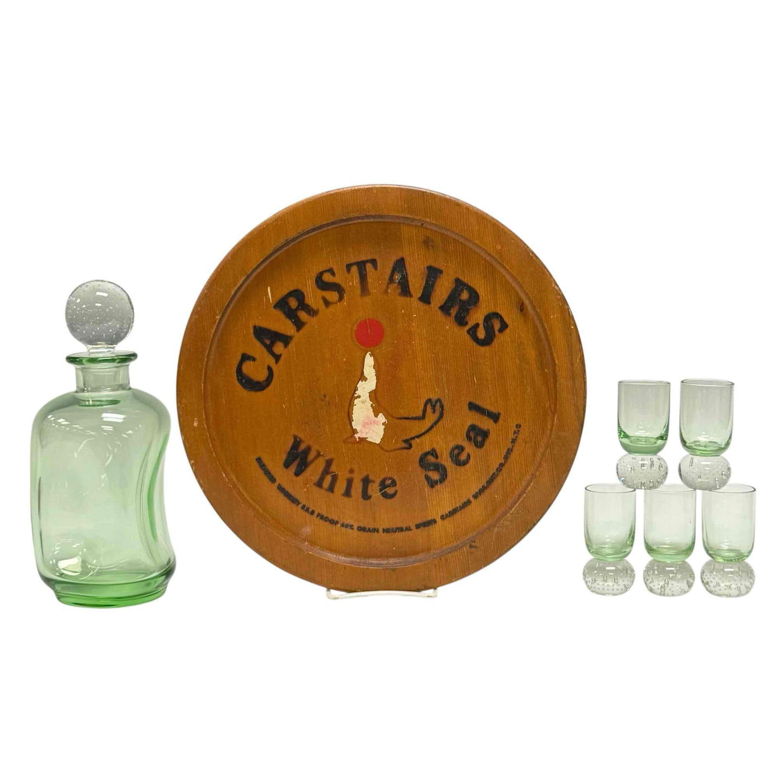 Art Deco Green Glass Rain Drop Decanter Bar Set with Whiskey Tray Sign (1 of 17)