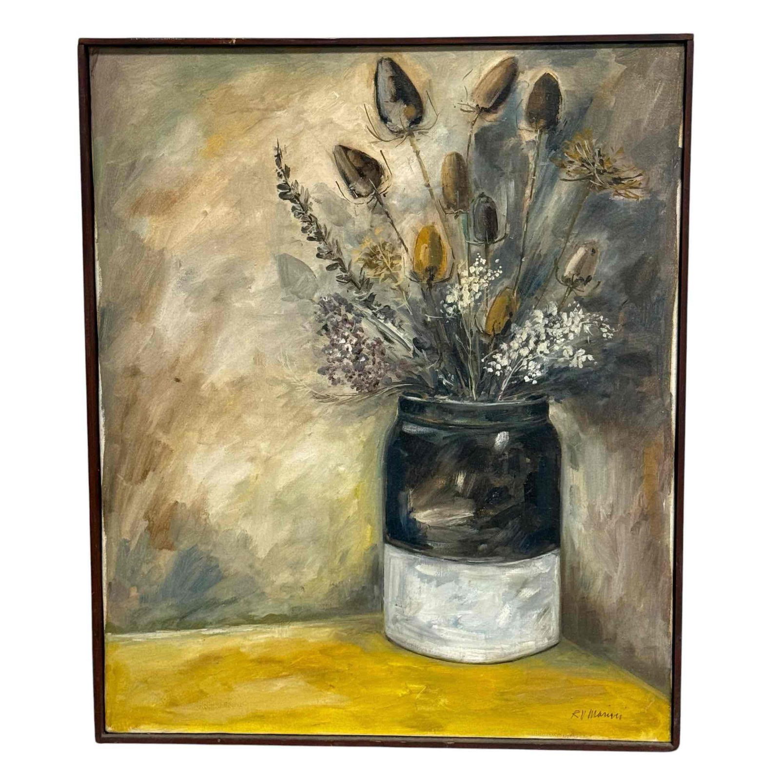 20th c. RV MARIANI Still Life Oil on Canvas: Well executed and choice in colors in this Mid 20th century oil on canvas. Although, signed in lower right there are three paintings directly from the estate. This lot 312 and 316 as shown in the cata