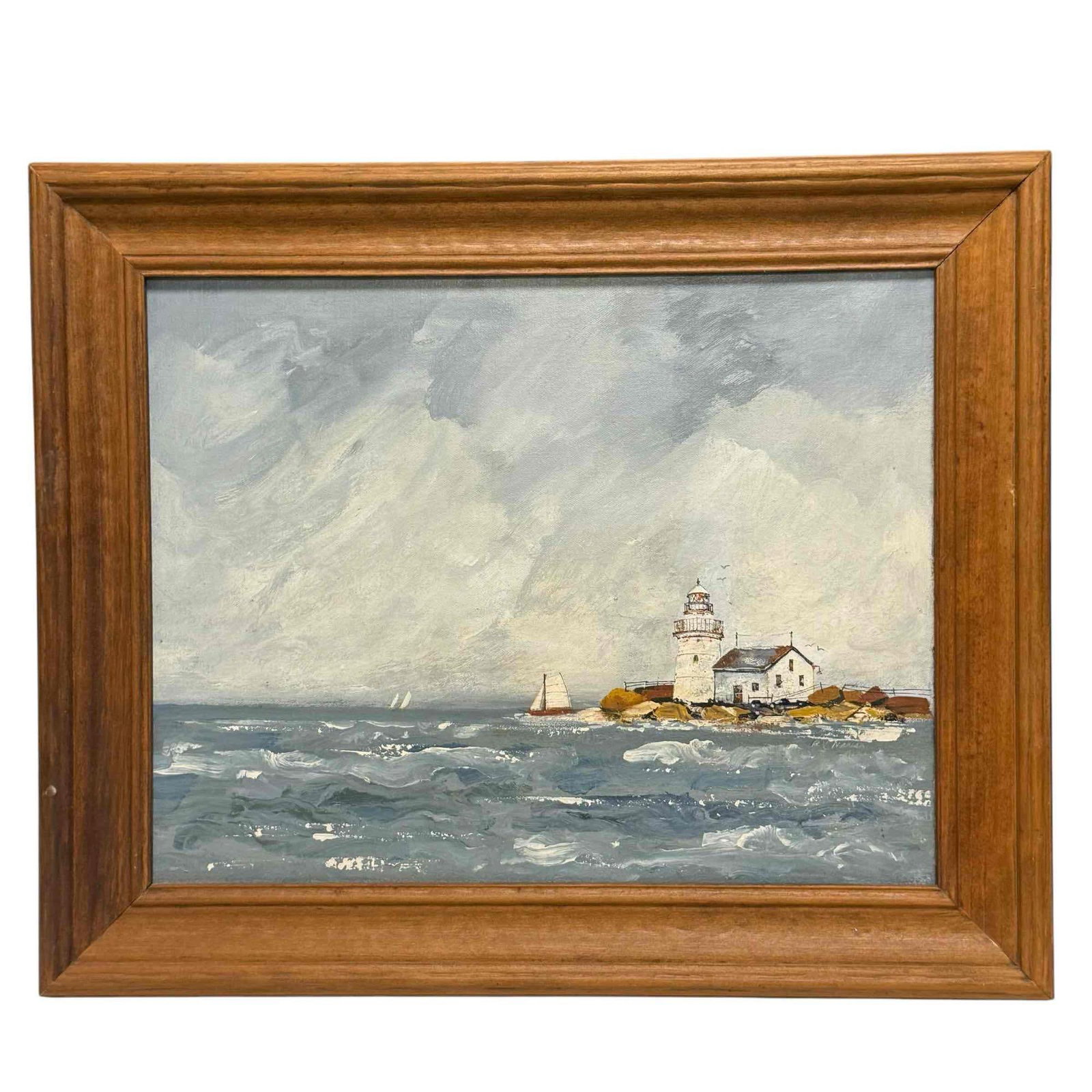 20th c. RV MARIANI Lighthouse Seascape Oil on Canvas: Mid 20th century oil on canvas. Although, unsigned in lower right there are three paintings directly from the estate. This lot 312 and 314 as shown in the catalog. Local talented artist, see photos. M