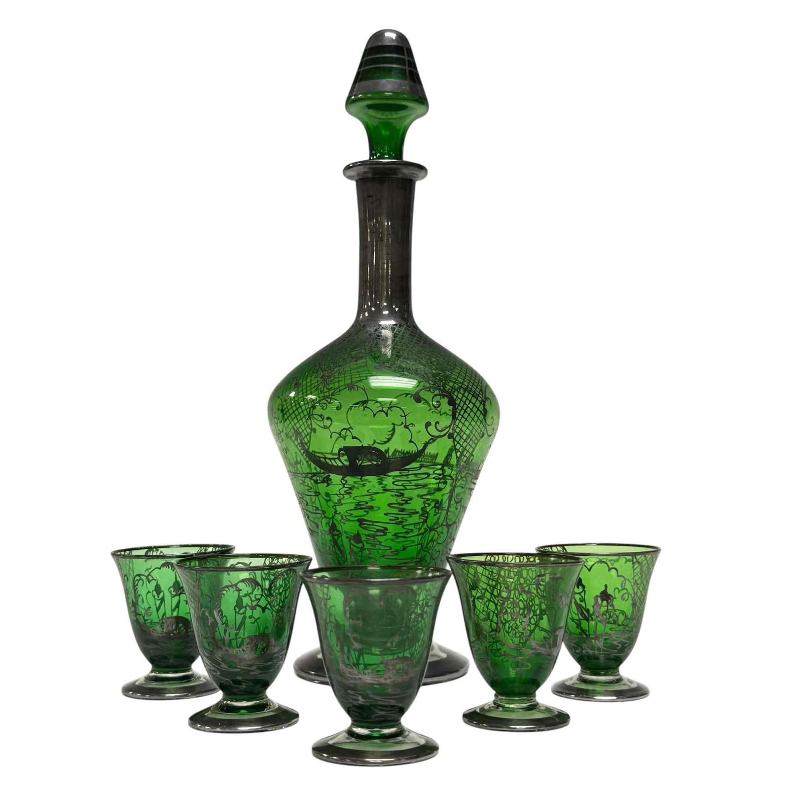 Emerald Green Decanter and Glasses, Silver Overlay with Venetian Design (1 of 17)