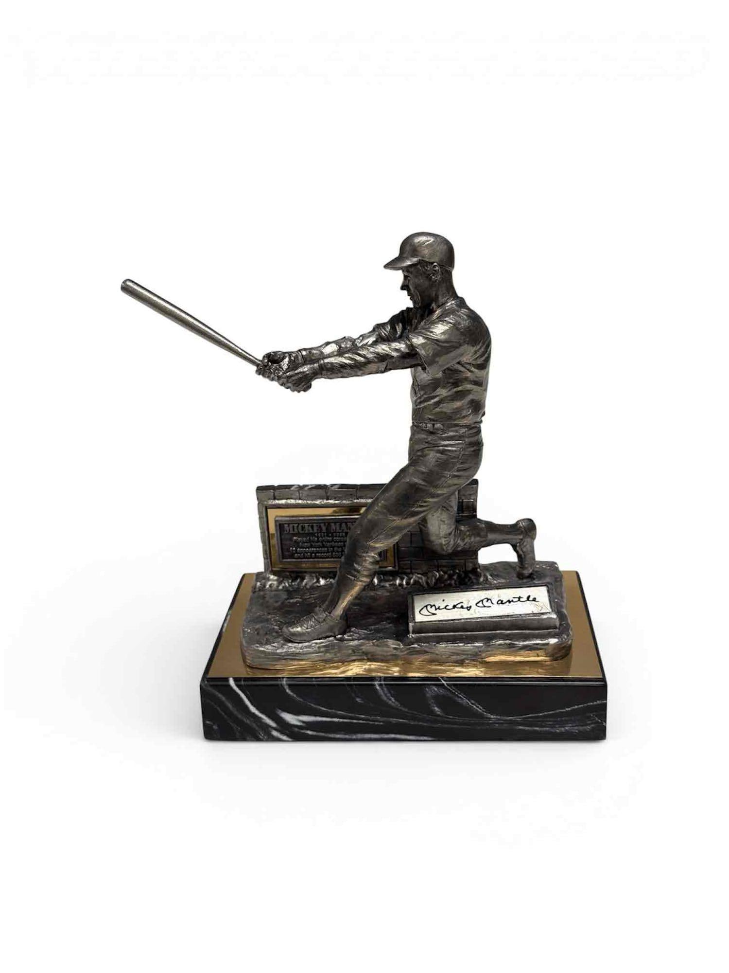 Mickey Mantle Autographed Pewter Sculpture #106/240 Michael Ricker: 1995 casting of Mickey Mantle. Ricker made a few versions of Mantle. This is one of the larger ones and features him taking a cut in his classic HR swing. Black marker signature is on a metal name pla