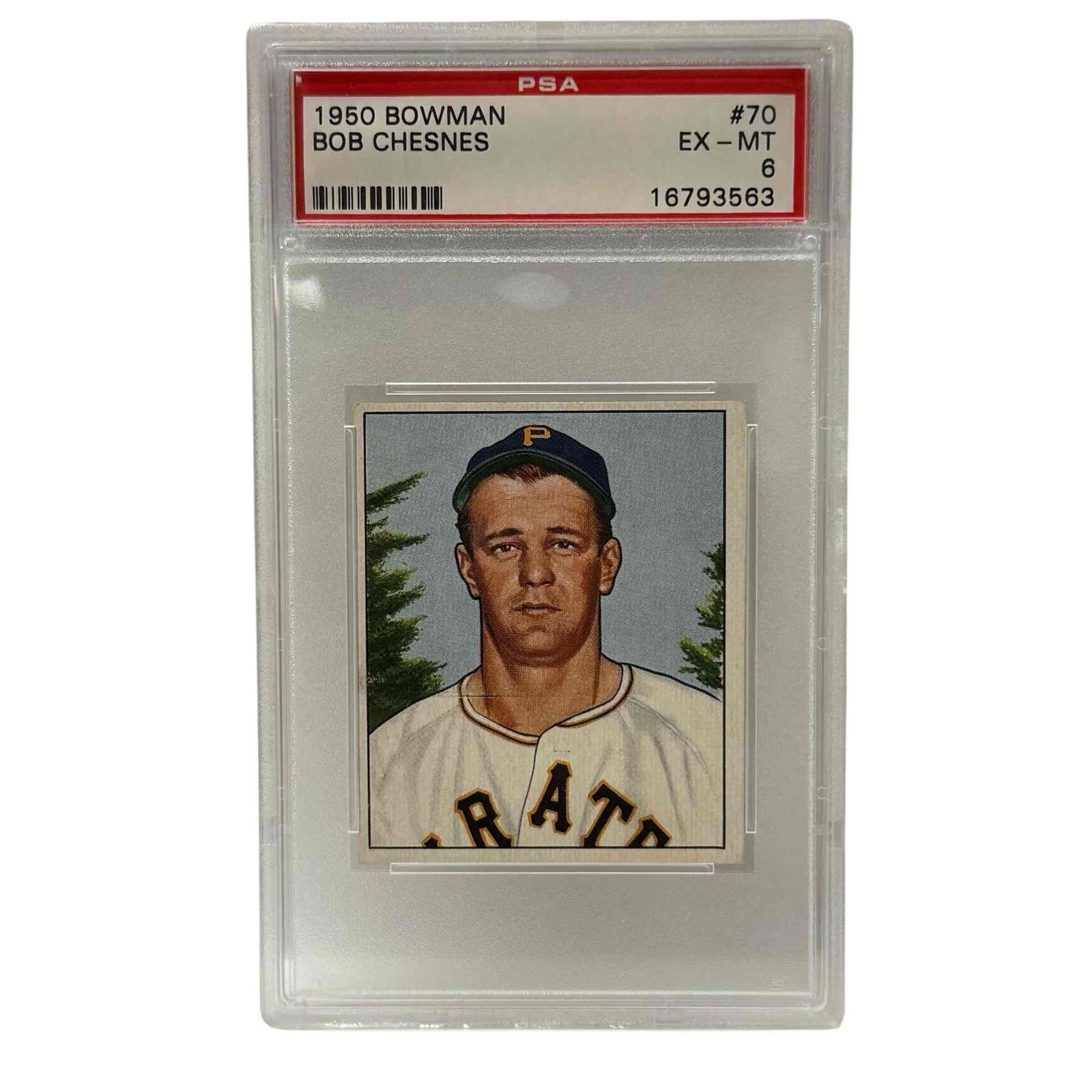 1950 Bowman Baseball #70 Bob Chesnes PSA 6 EXMT Pittsburgh Pirates: EX-MT 6 grade by PSA on the pitcher.