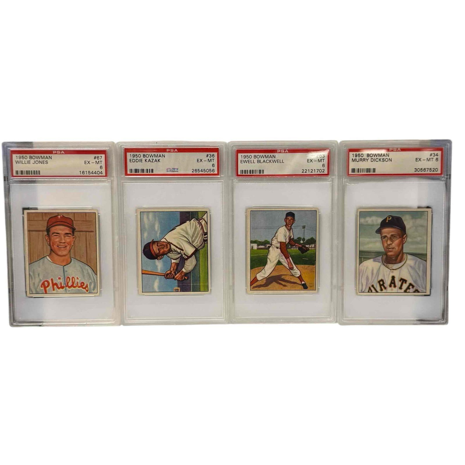 1950 Bowman Baseball PSA 6 EXMT Graded Cards (4): Four cards graded EX-MT by PSA. # 34 Murray Dickson, #36 Eddie Kazak, #63 Ewell Blackwell, #67 Willie Jones.