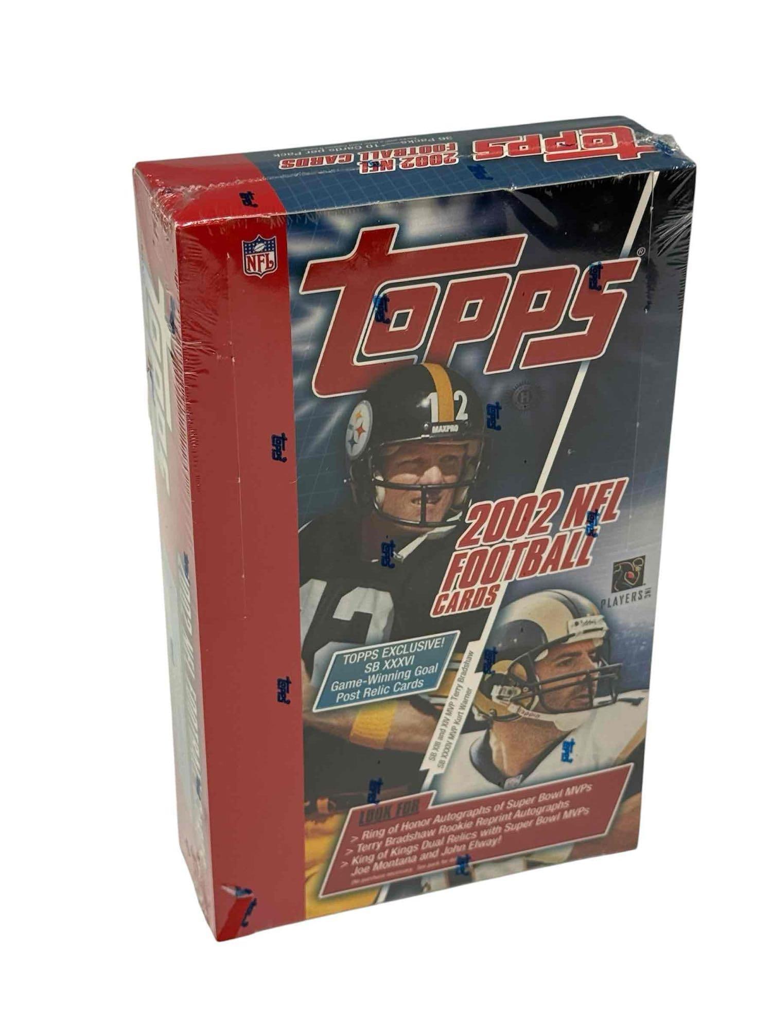 2002 Topps Football Card Unopened Wax Box: Super Bowl Exclusive issue plus chance for autos. Factory sealed box of 36 packs. Some of the plastic on the back is torn, but still intact. Can you say QB rookies?!?!?!?!