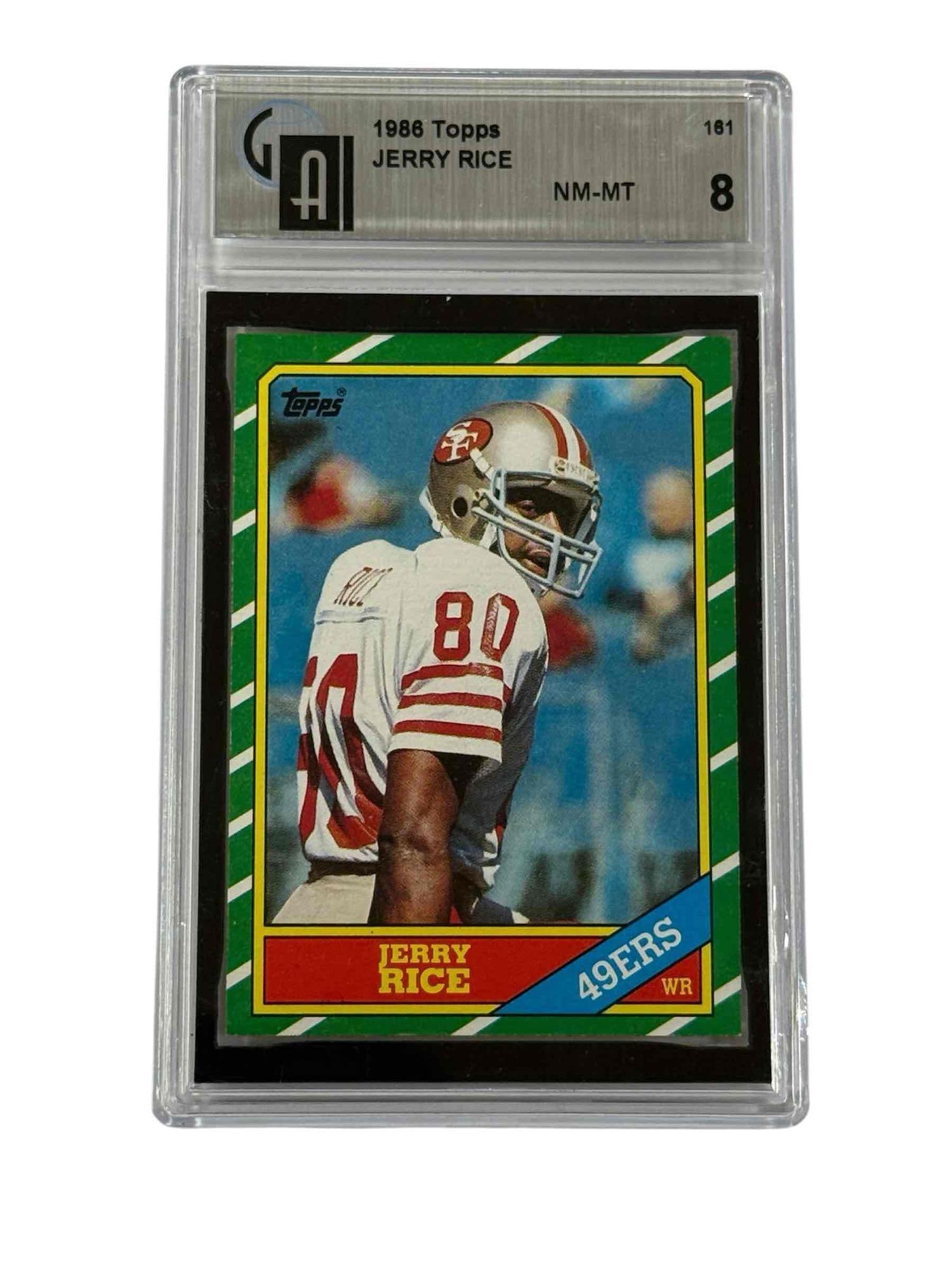 1986 Topps #161 Jerry Rice Rookie Card GAI 8: NM-MT 8 grade by Global on the iconic card of the GOAT WR.