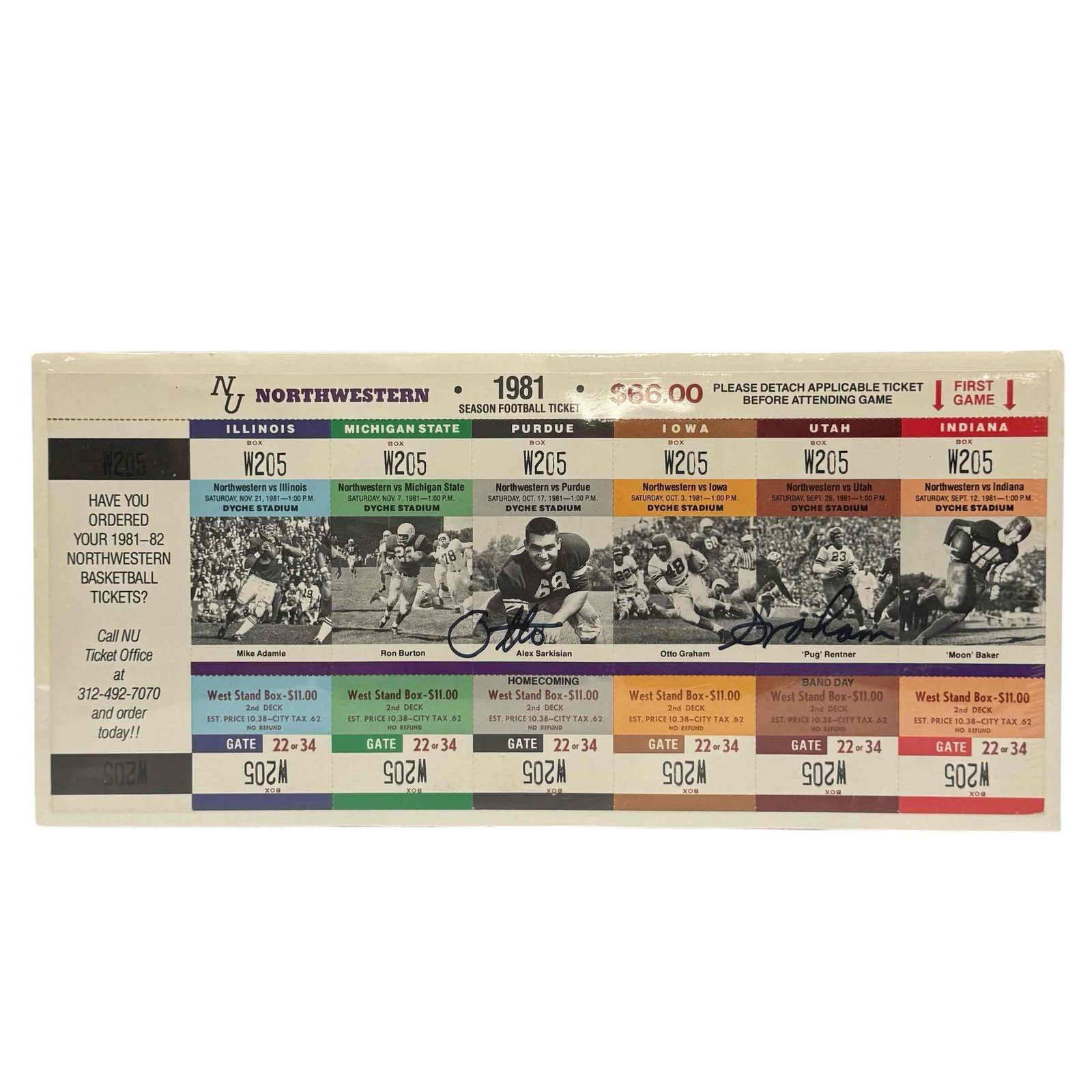 Otto Graham Autographed 1981 Northwestern Season Ticket Sheet: Unused sheet of home tickets for the 1981 Northwestern football season. Blue marker signature by the legendary quarterback.