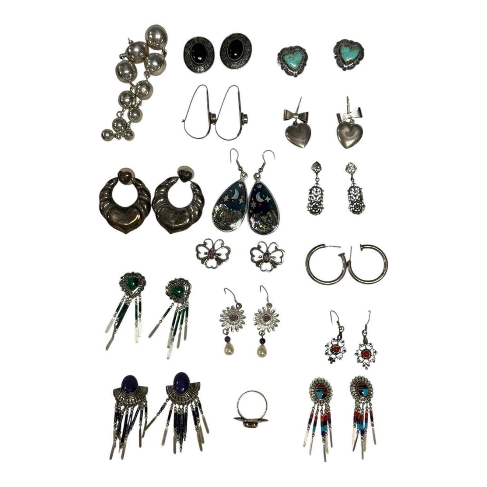 Native American Southwestern - Vintage Sterling Silver Earrings (15): Collection of 15 sets of vintage southwestern style plus hearts, butterflies, hoops, beads, silver balls, semi-precious stones and heart ring. Measuring approx. .75" to 3" long. In good age appropriat