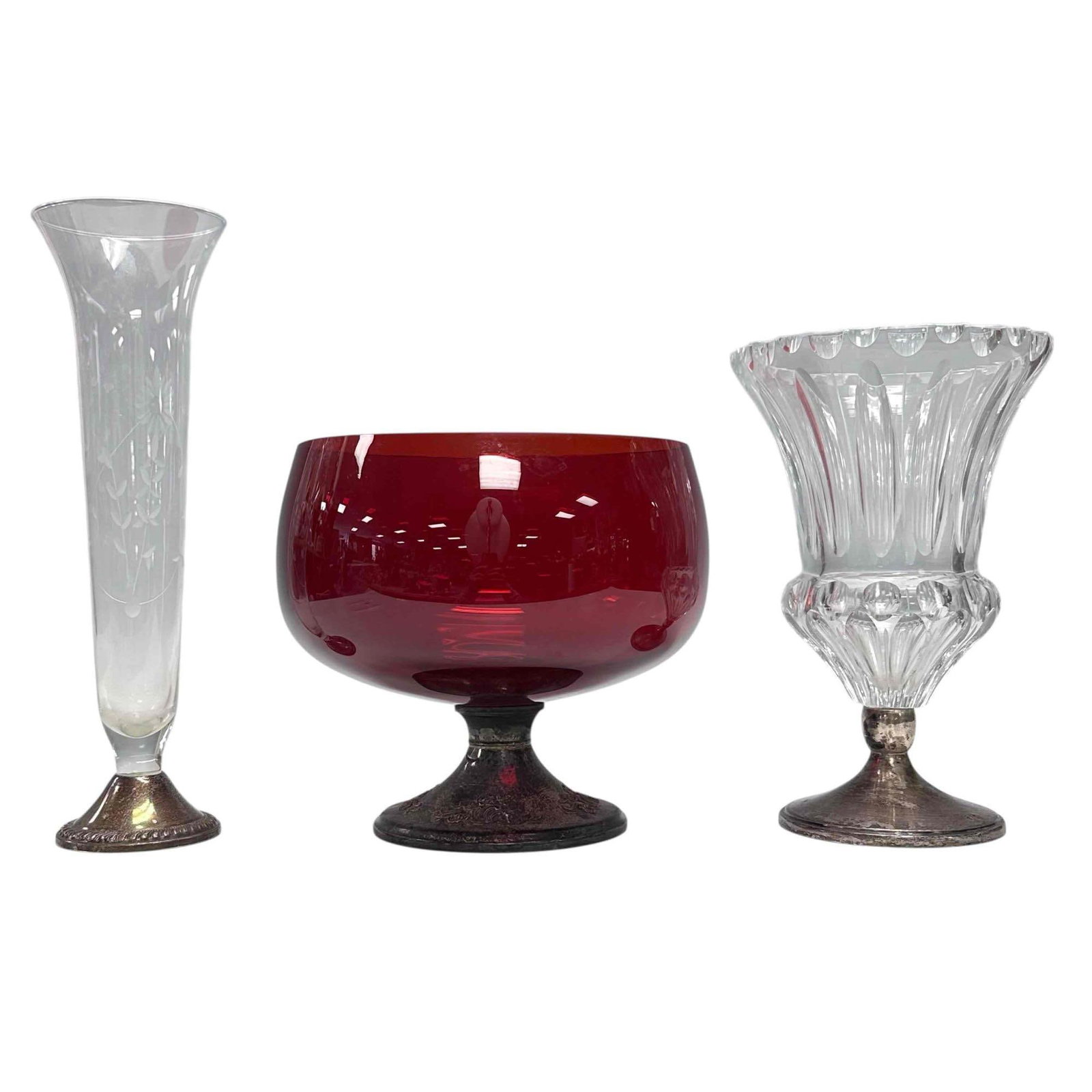 Gorham Sterling Silver Ruby Glass Compote and Vases (3) (1 of 19)
