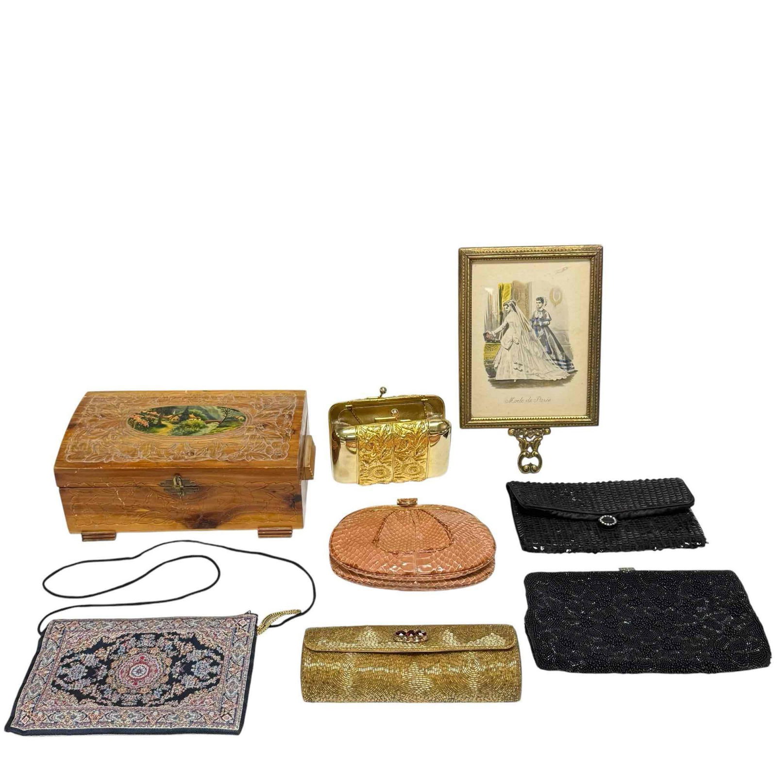 Women's Vintage Handbag Purses and Dresser Box: Includes; hand craved mirrored dresser vanity box11.5" wide, beaded hand bags, floral embossed hand bag and vanity mirror. In age appropriate condition, see photos.
