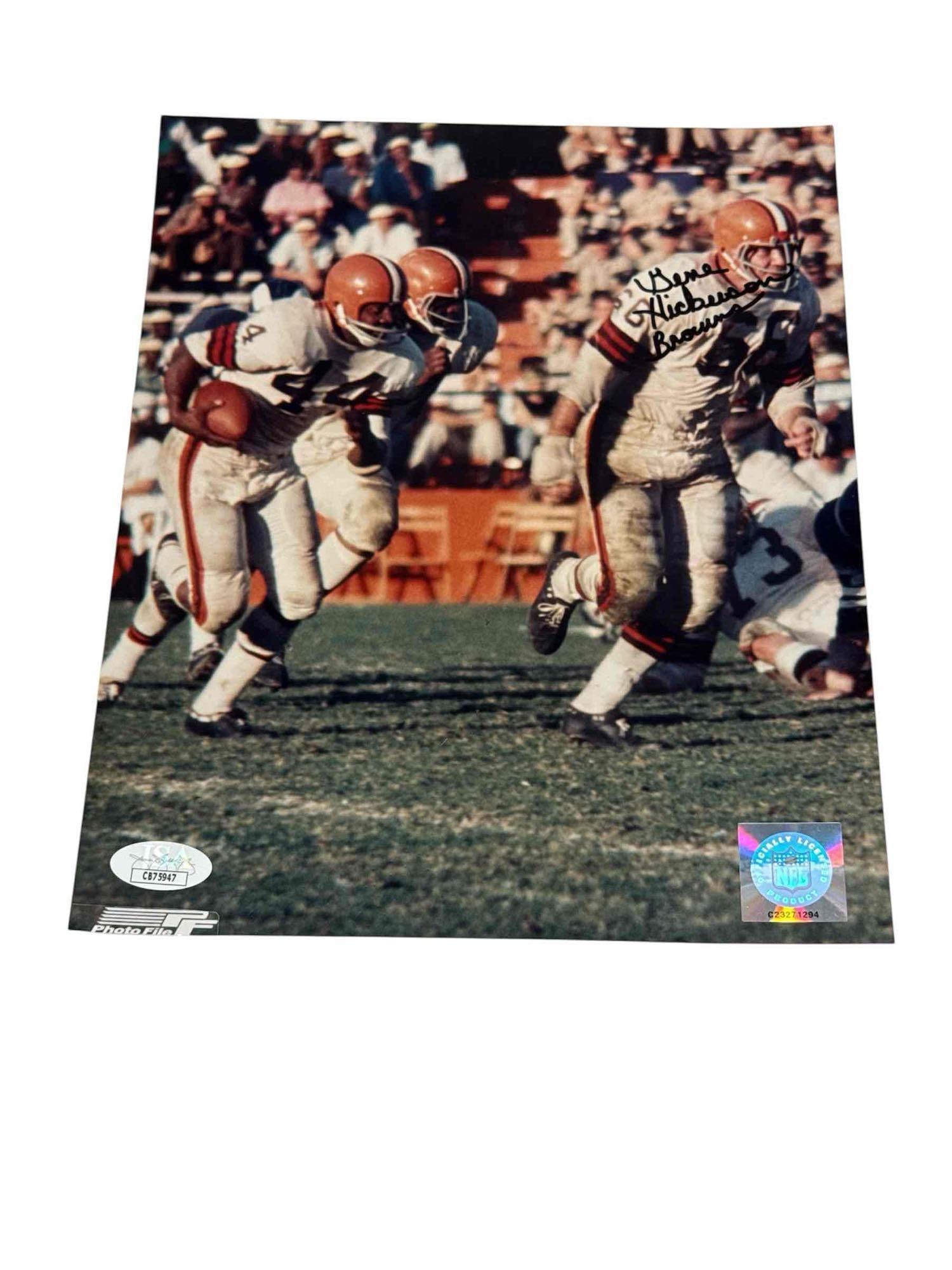 Gene Hickerson Signed and Inscribed Color Photo JSA: 8x10 Color photo of Gene pulling around to make a block for Leroy Kelly. Black marker signature and he added "Browns" which he did not sign extremely often. Strong, bold signature by the Hall of Famer