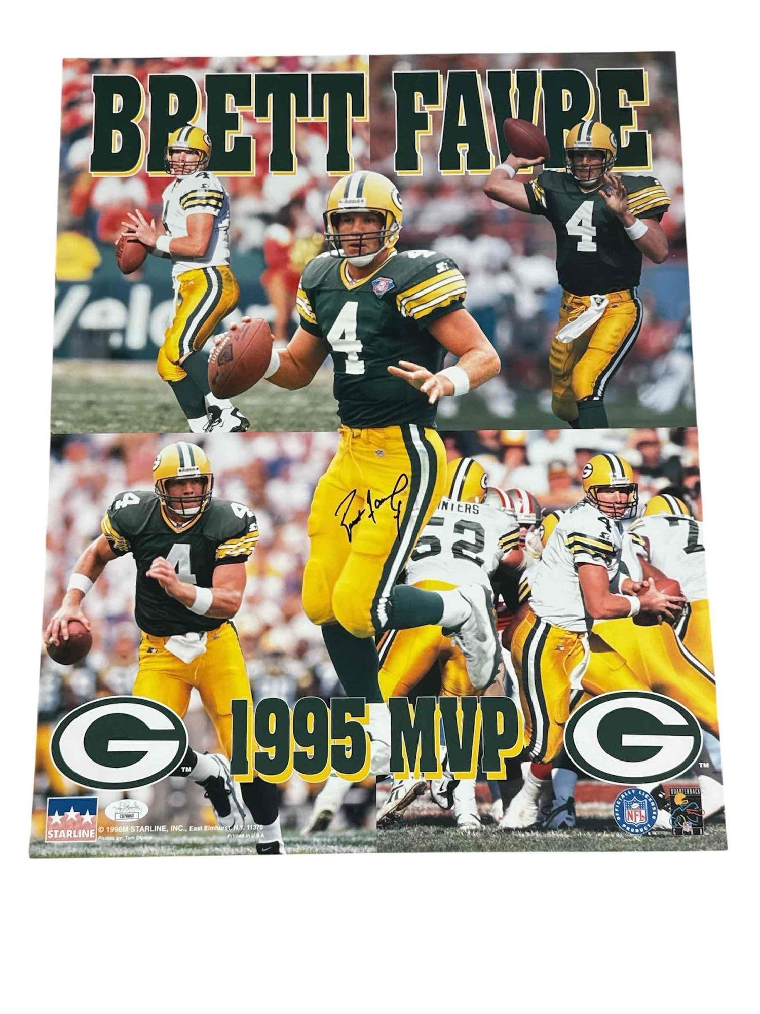 Brett Favre Autographed 16x20 Photo Green Bay Packers JSA: 16x20 photo the features several moments of the QB in action. 1995 MVP collage. Black marker signature is JSA certified.