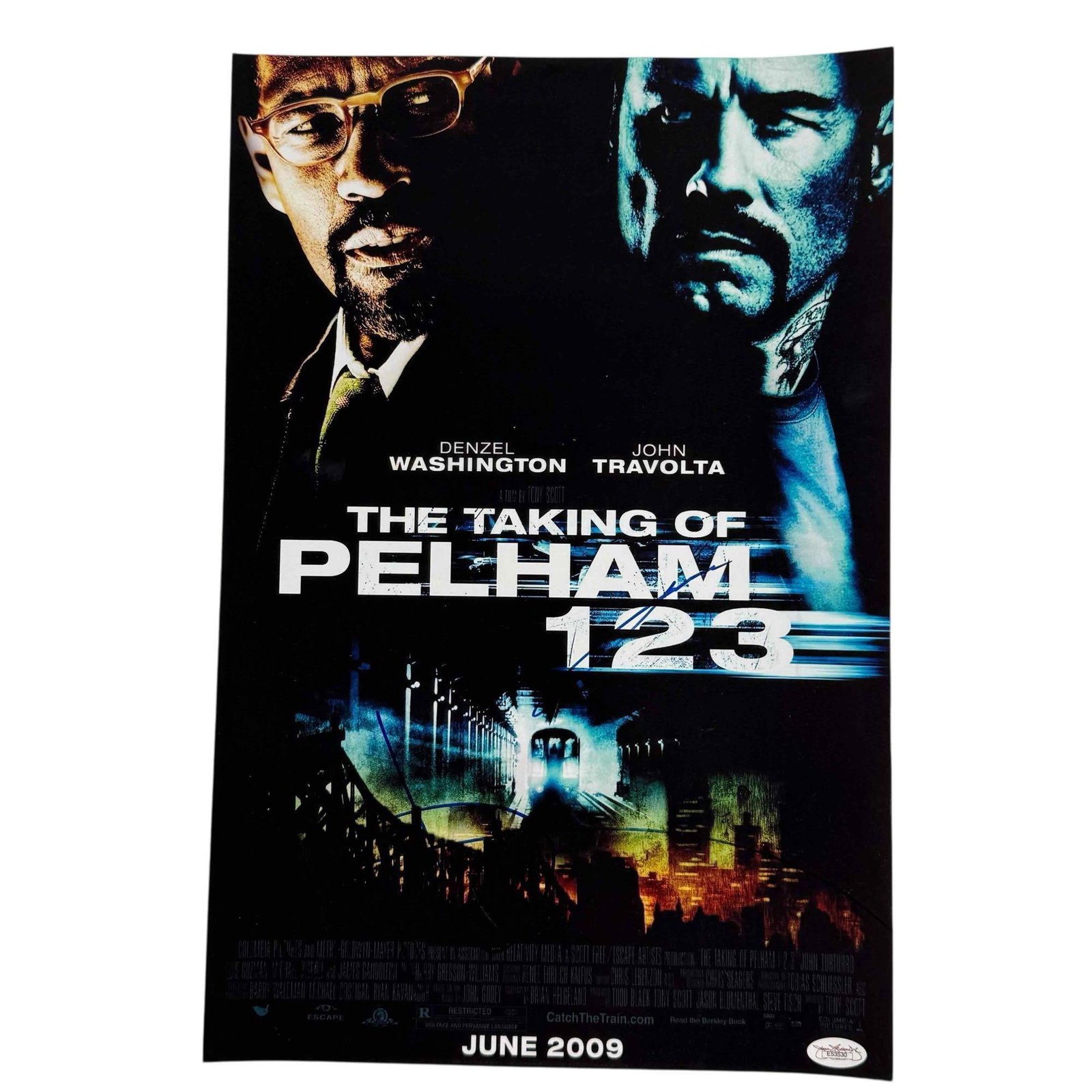 Denzel Washington and John Travolta Signed The Talking of Pelham 123 Photo JSA: 12x18 color photo of the blockbuster 2009 movie. Not very often that these two icons have both signed the same item like this! Blue marker signature by each actor. Great item to frame and display. JSA