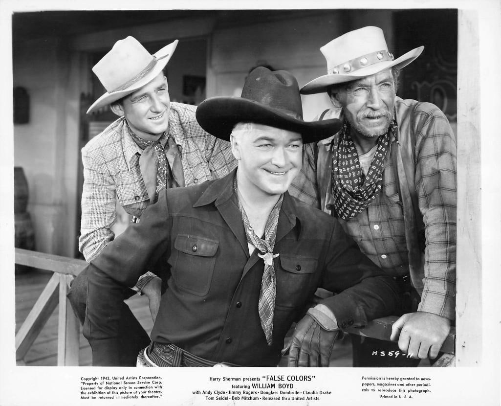 False Colors - Stills: Quantity: 20 Year: 1943 Condition:B+ Country: U.S.A Studio: United Artists Size: 8x10 Genre: Western Stars: Bill "Hopalong Cassidy" Boyd, Andy Clyde, Robert Mitchum