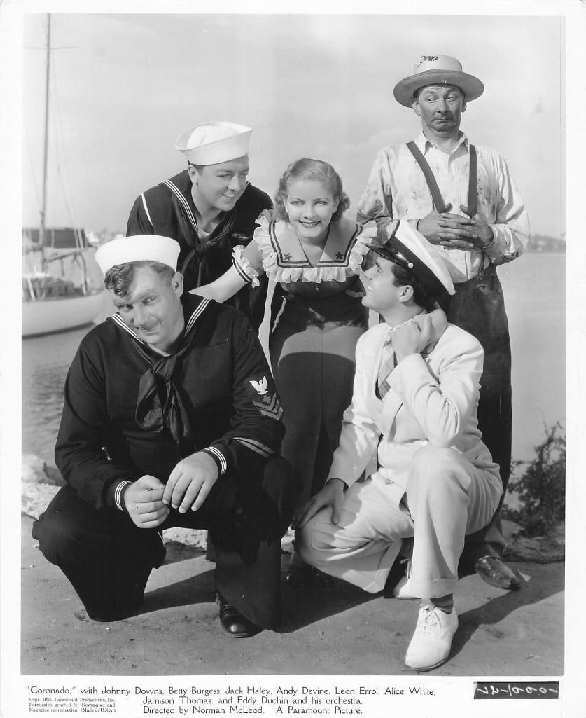 Coranado Movie Stills: Quantity: 20 Year: 1935 Condition: B+ Country: U.S.A Studio: Paramount Size: 8x10 Genre: Musical Stars: Johnny Downs, Betty Burgess, Jack Haley, Alice White, Leon Errol, Andy Devine, Eddy Duchin