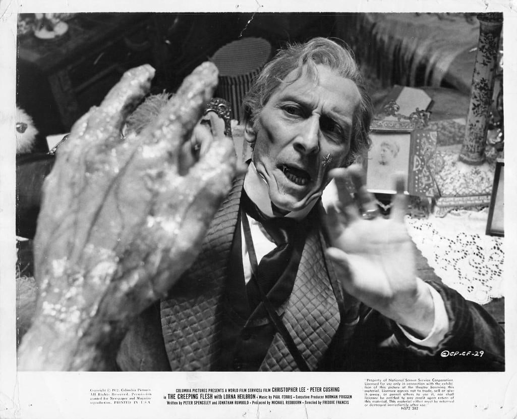 The Creeping Flesh - Movie Stills: Quantity: 20 Year: 1972 Condition: B+ Country: U.S.A Studio: Columbia Size: 8x10 Genre: Horror Stars: Christopher Lee, Peter Cushing, Lorna Heilbron