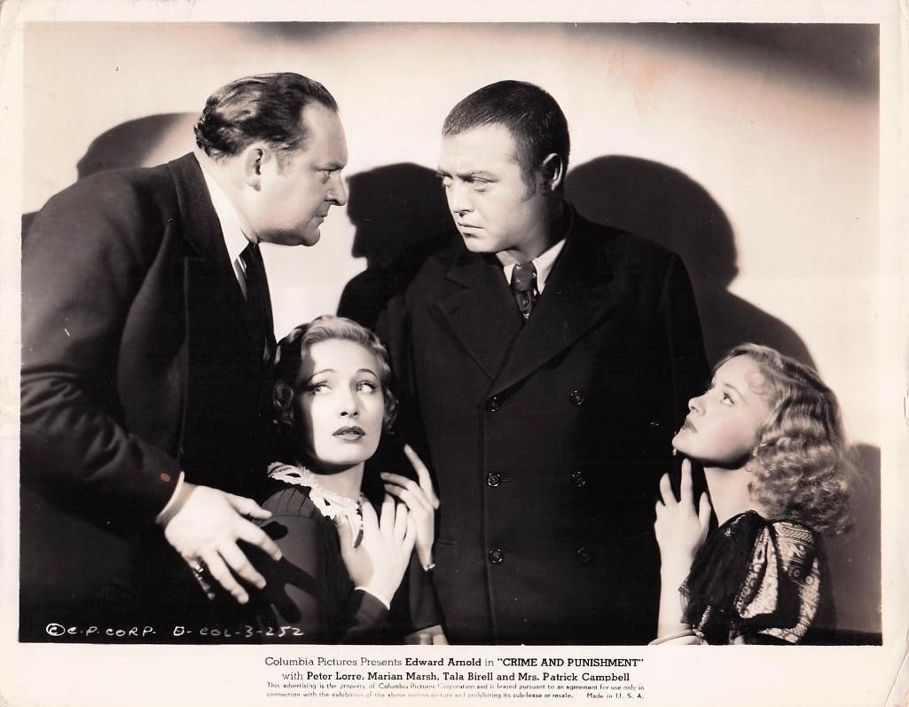 Crime and Punishment - Movie Stills: Quantity: 9 Year: 1935 Condition: B- to B+ Country: U.S.A Studio: Columbia Size: 8x10 Genre: Crime Stars: Peter Lorre, Marian Marsh, Edward Arnold, Tala Birell, Nana Bryant