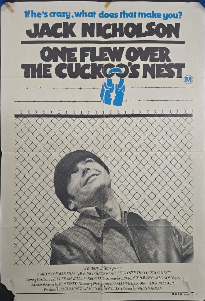 One Flew Over the Cuckoos Nest - Folded Australian One Sheet: Quantity: 1 Year: 1975 Condition: B Small piece of left corner missing Country: Australia Studio: Fantasy Films Size: 27x40 Genre: Comedy Crime Stars: Jack Nicholson, Louise Fletcher