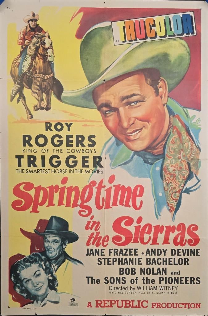 Springtime in the Sierras - Folded One Sheet: Quantity: 1 Year: 1947 Condition: B+ Country: U.S.A Studio: Republic Size: 27x41 Genre: Western Stars: Roy Rogers, Trigger, Jane Frazee
