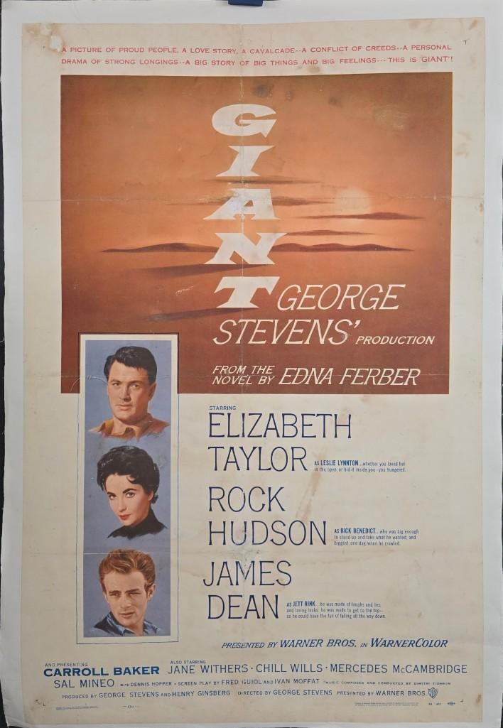 Giant - Linen Backed One Sheet: Quantity: 1 Year: 1956 Condition: B+ Country: U.S.A Studio: Warner Brothers Size: 27x41 Genre: Drama Stars: James Dean, Elizabeth Taylor, Rock Hudson, Carroll Baker