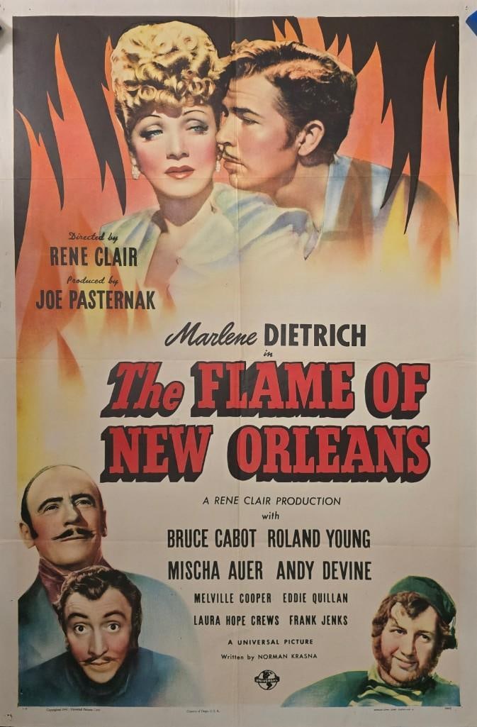 Flame of New Orleans - Folded One Sheet: Quantity: 1 Year: 1941 Condition: B+ Country: U.S.A Studio: Universal Size: 27x41 Genre: Crime Stars: Marlene Dietrich, Bruce Cabot, Roland Young