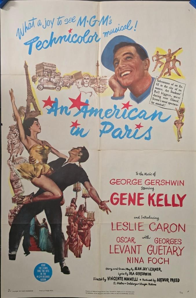 An American in Paris - Folded One Sheet: Quantity: 1 Year: 1951 Condition: B+ Country: U.S.A Studio: MGM Size: 27x41 Genre: Musical Stars: Gene Kelly, Leslie Caron, Nina Foch
